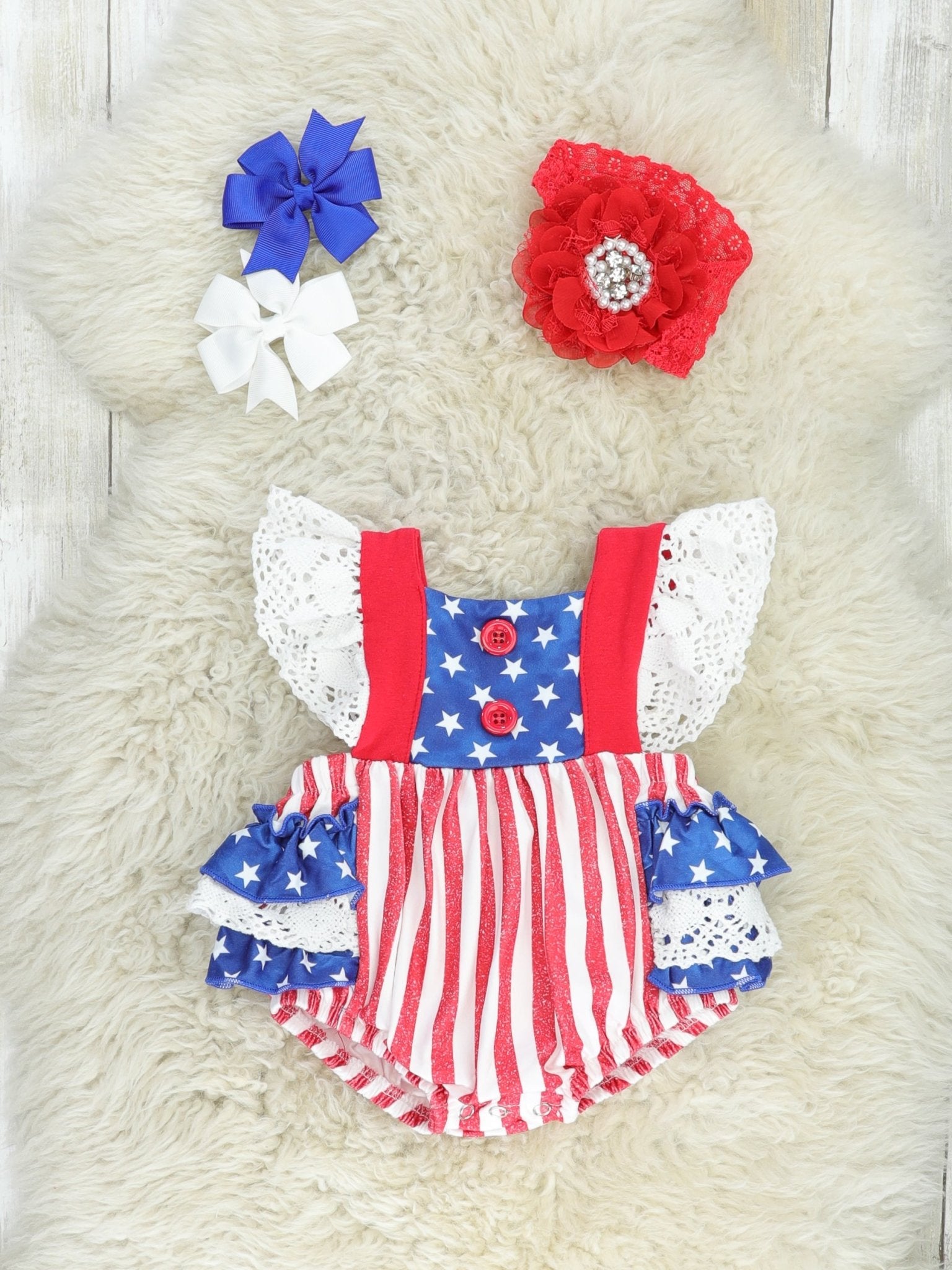 Stars & Stripes Ruffle Bubble Romper - Marie Nicole Clothing