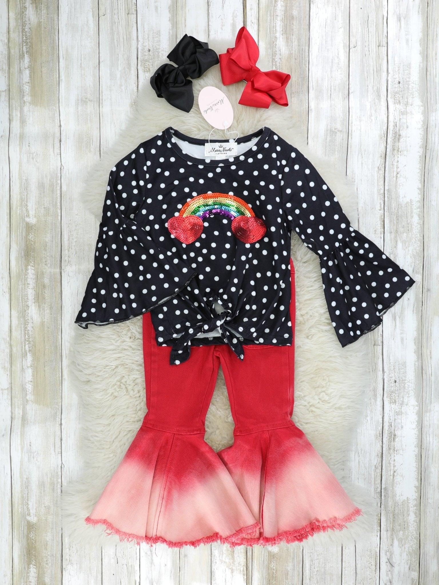 Rainbow Heart Tie Top & Denim Bell Bottoms Outfit - Marie Nicole Clothing