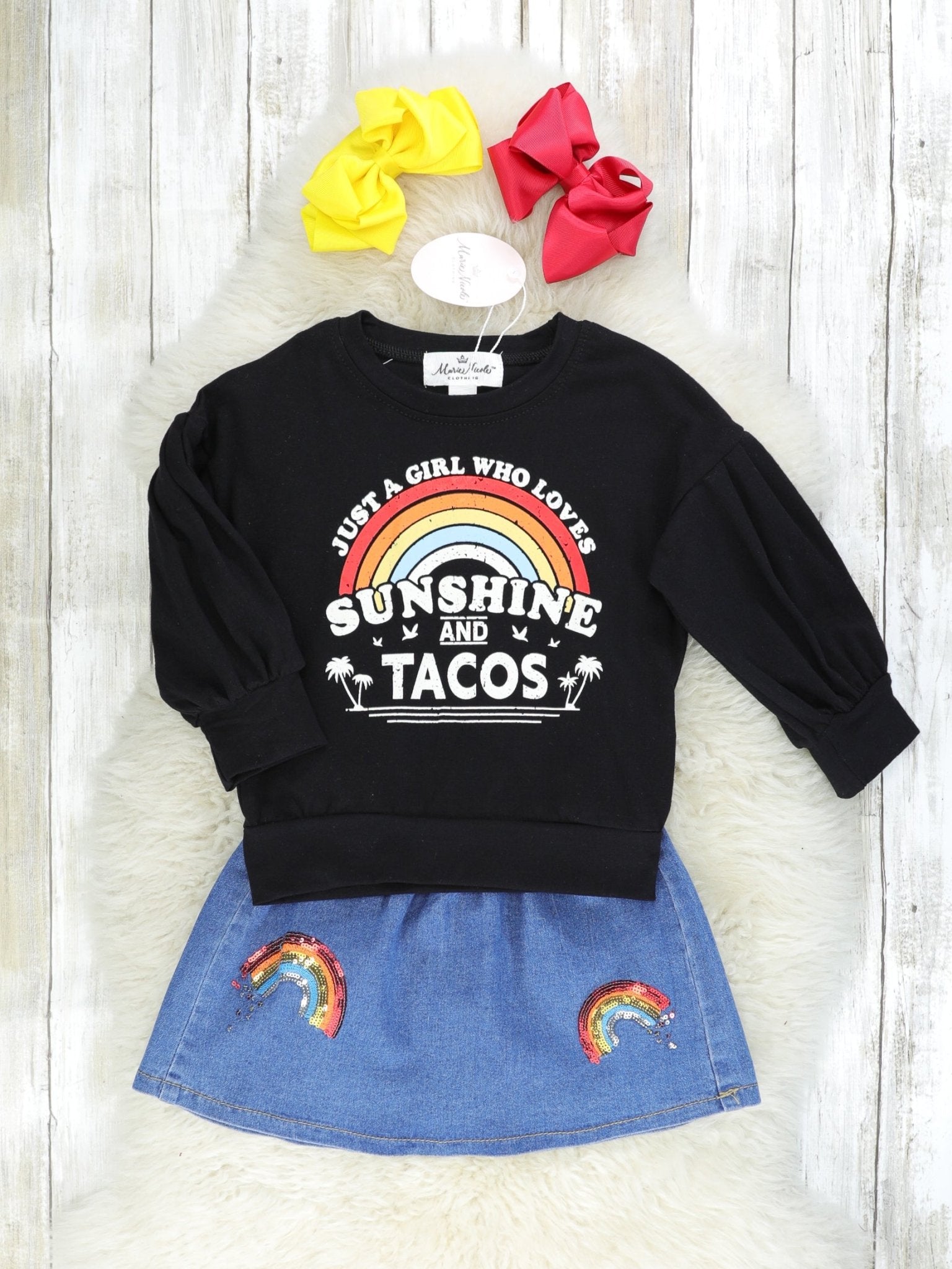 "Sunshine & Tacos" Top & Denim Rainbow Skirt Outfit - Marie Nicole Clothing