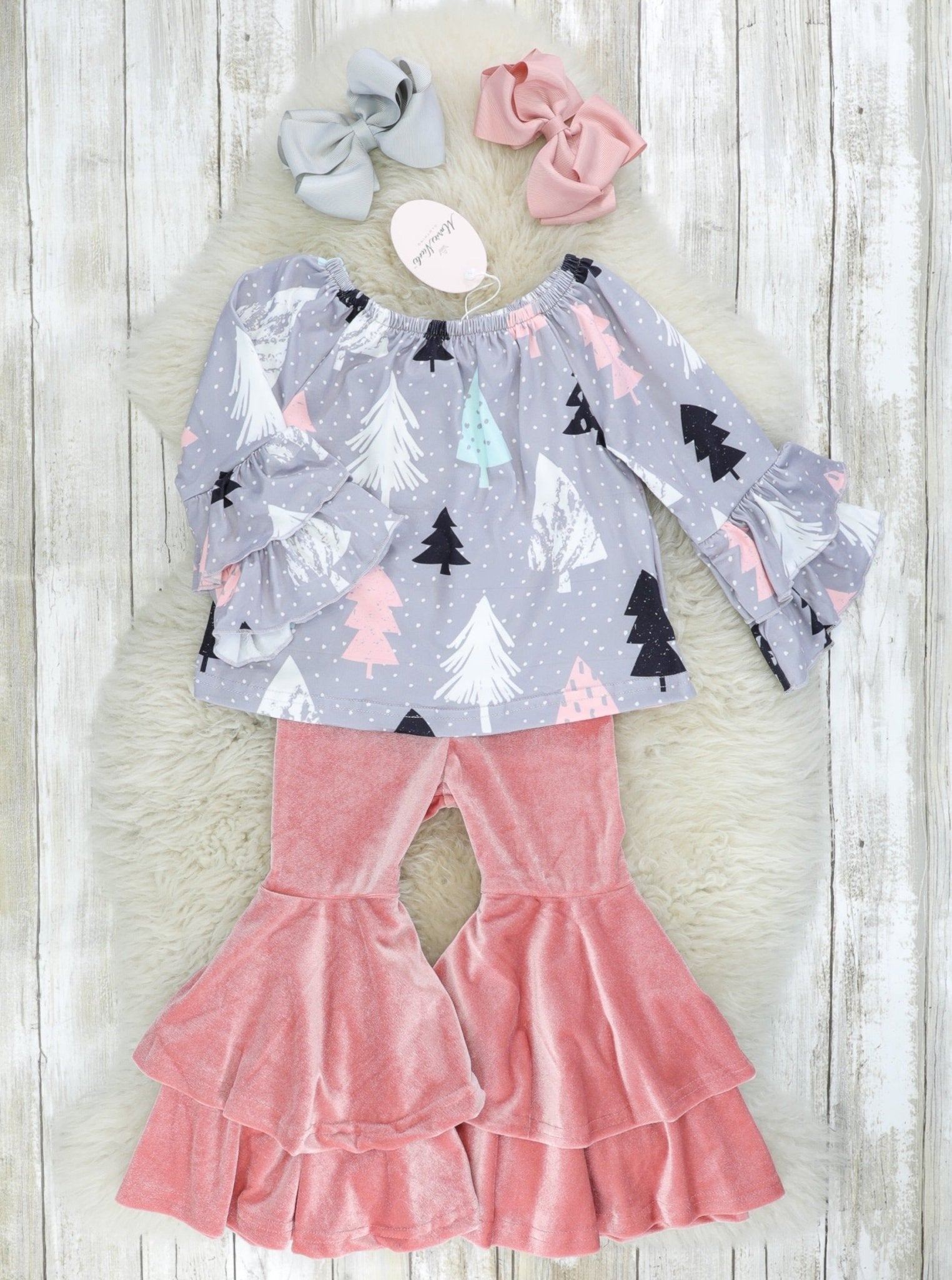 Mauve Christmas Tree Velvet Bell Bottoms Outfit - Marie Nicole Clothing