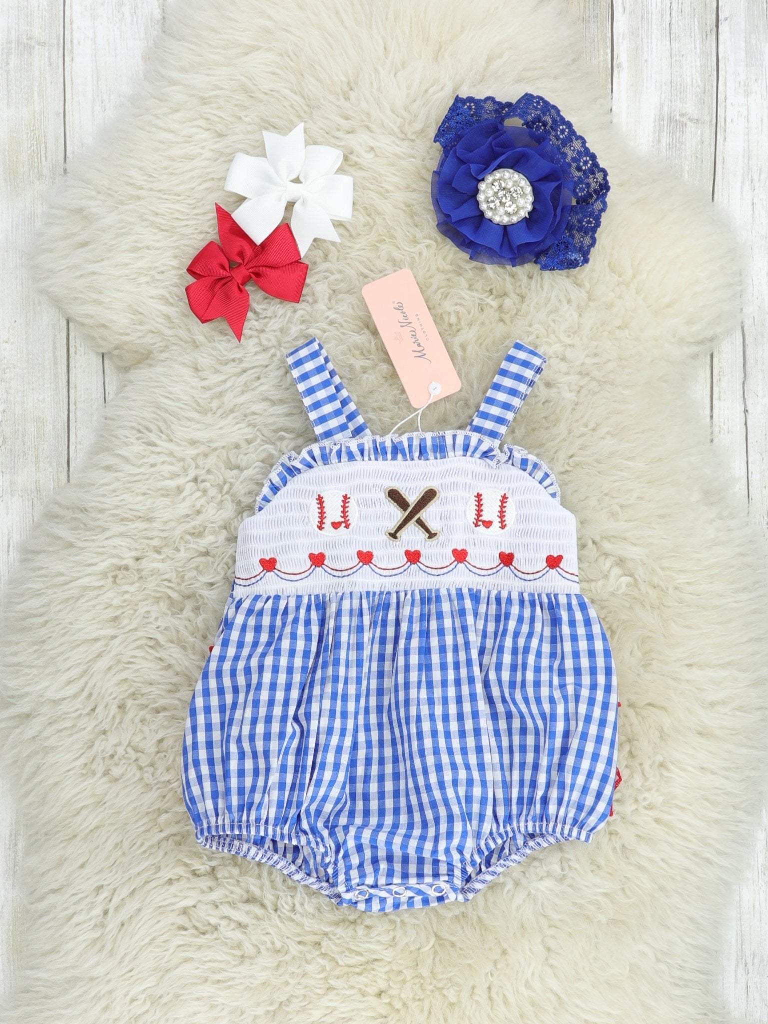 Royal Blue Smocked Baseball Bubble Romper - Marie Nicole Clothing