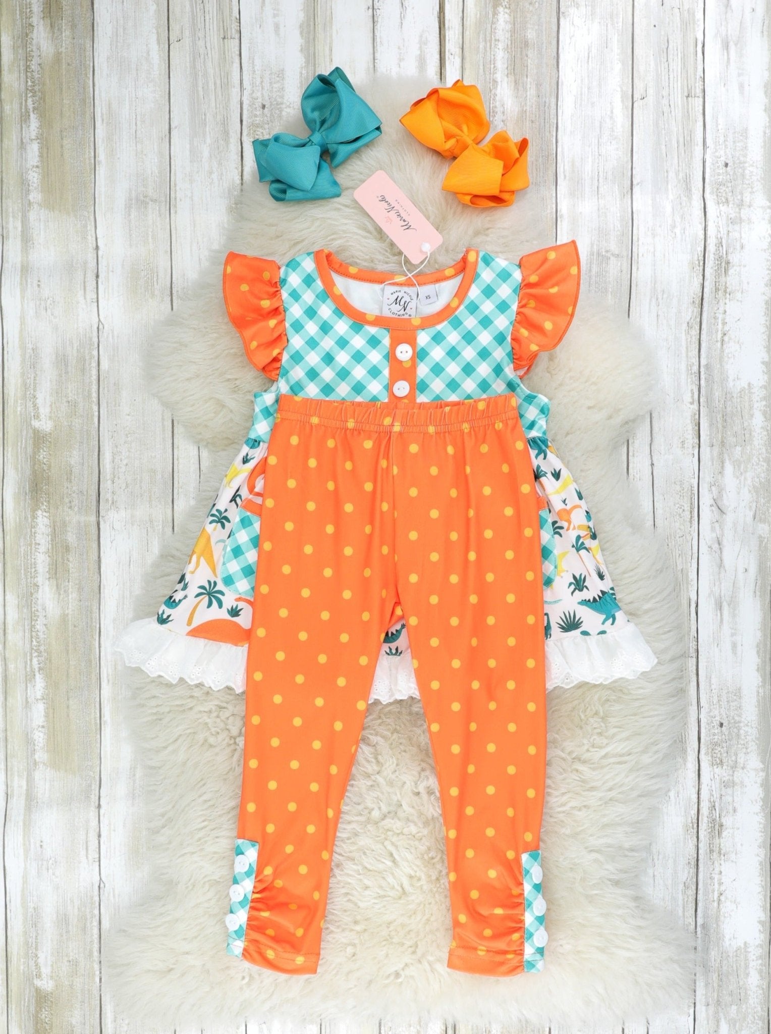 Teal Gingham Dinosaur Ruffle Pocket Outfit - Marie Nicole Clothing