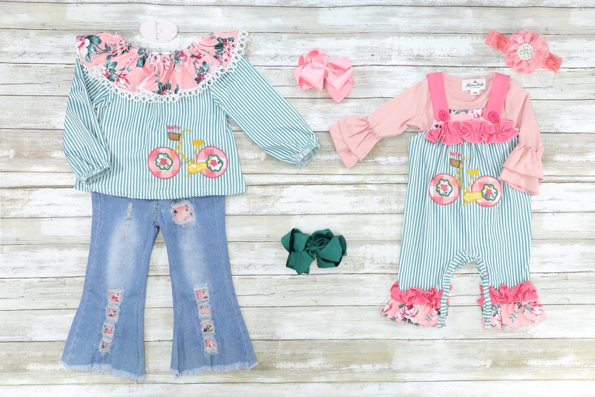 Pink & Green Bike Denim Bell Bottom Outfit - Marie Nicole Clothing