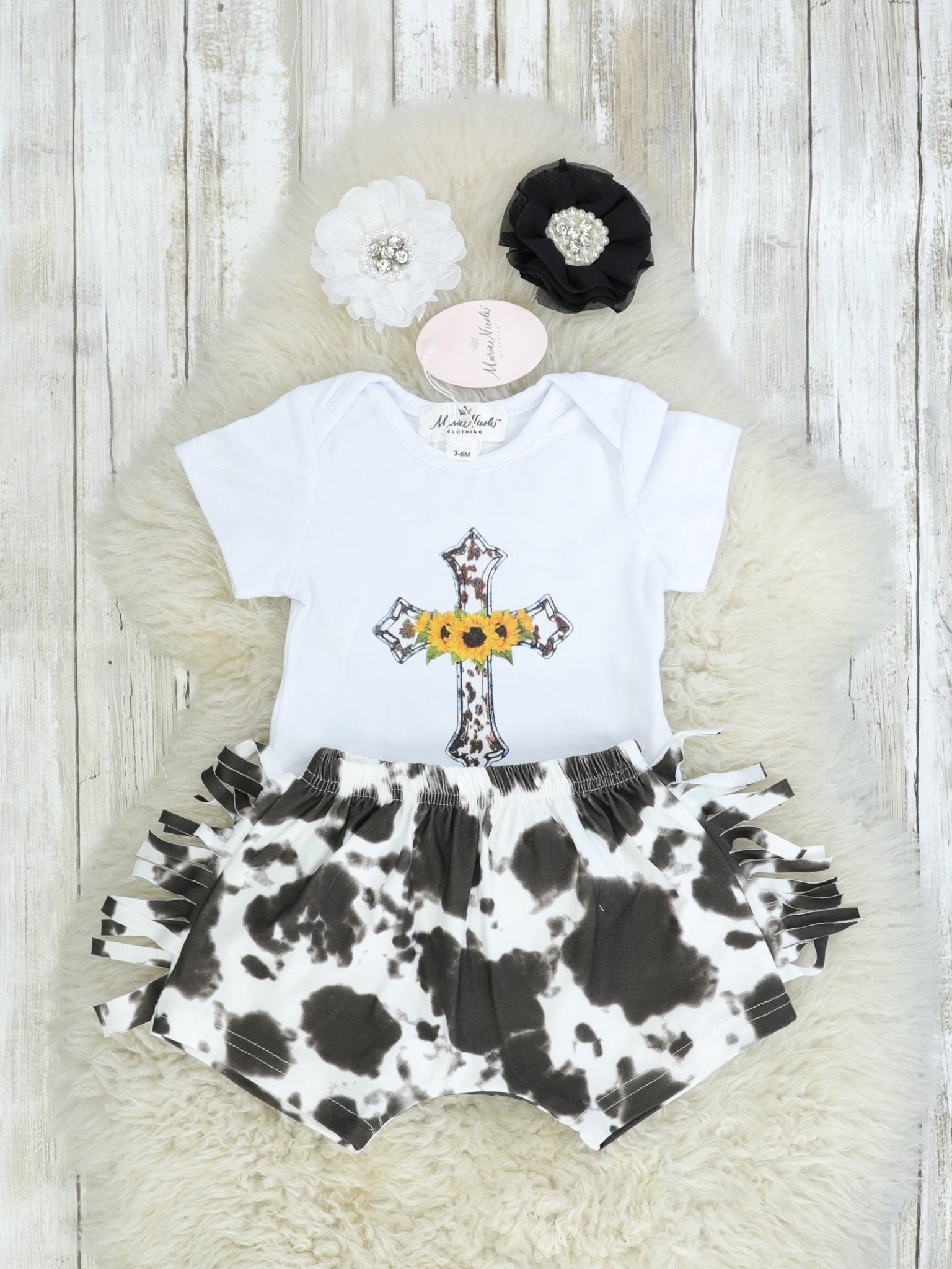 Cross Top & Brown Cow Fringe Shorts Outfit - Marie Nicole Clothing