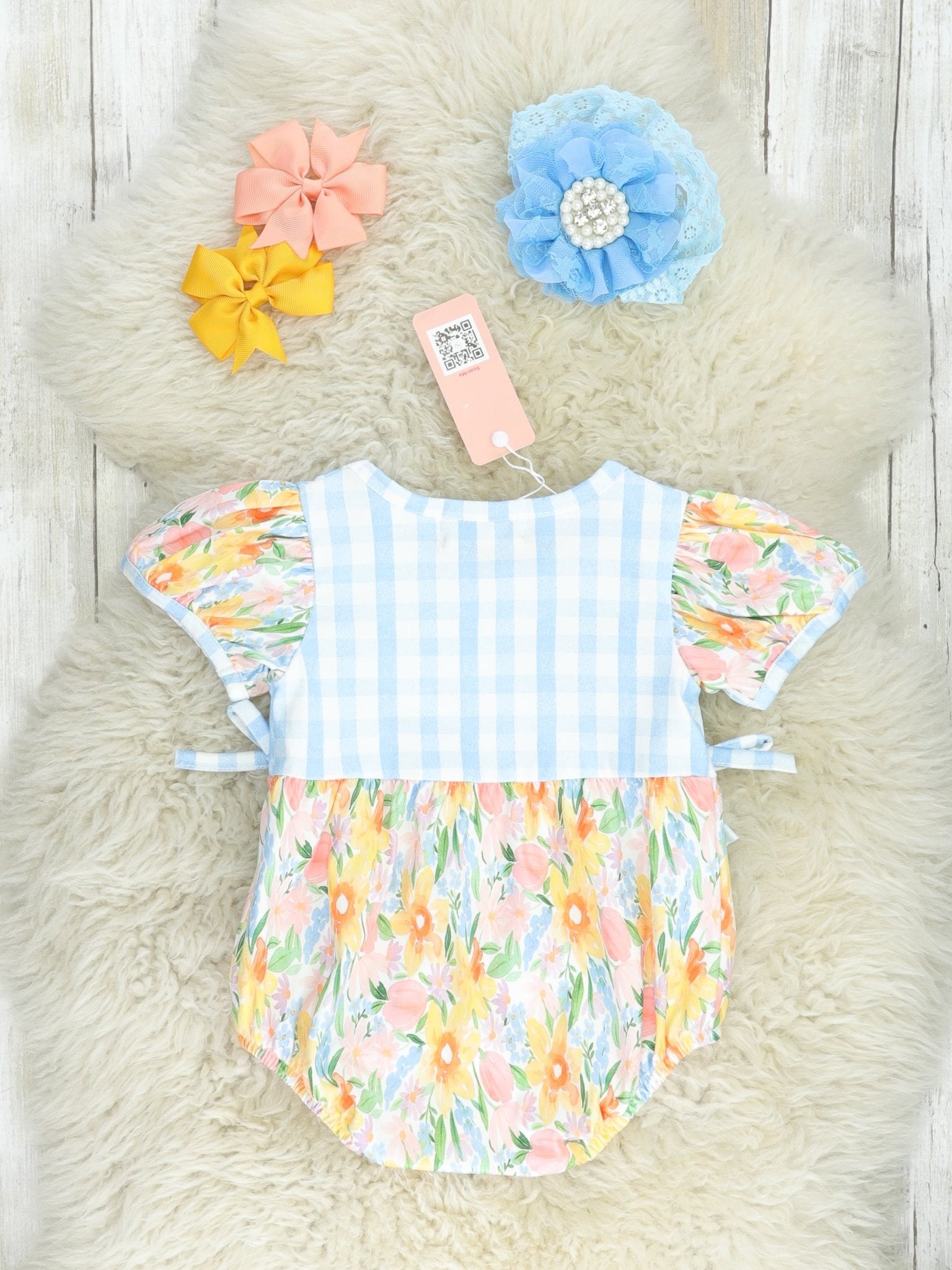 Blue Gingham & Yellow Floral Ruffle Bubble Romper - Marie Nicole Clothing