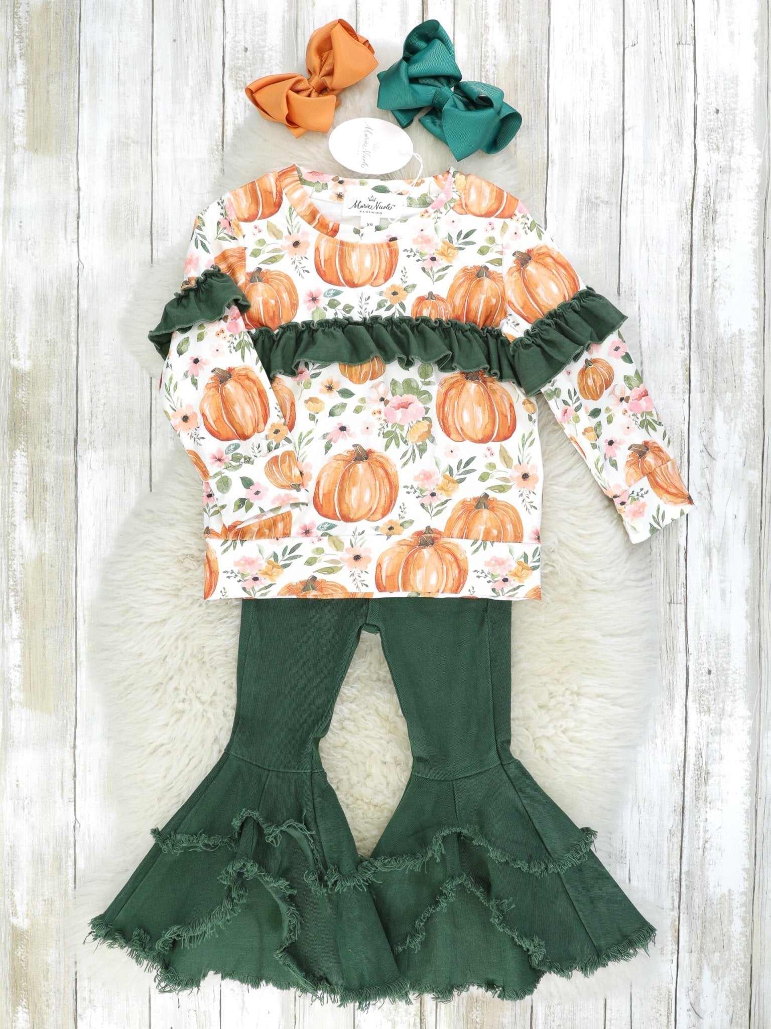 Pumpkin Top & Olive Distressed Denim Bell Bottoms - Marie Nicole Clothing