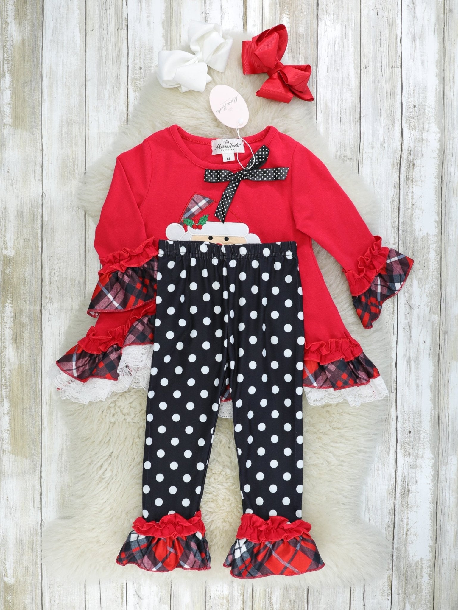 Red Polka Dot Santa Ruffle Outfit - Marie Nicole Clothing