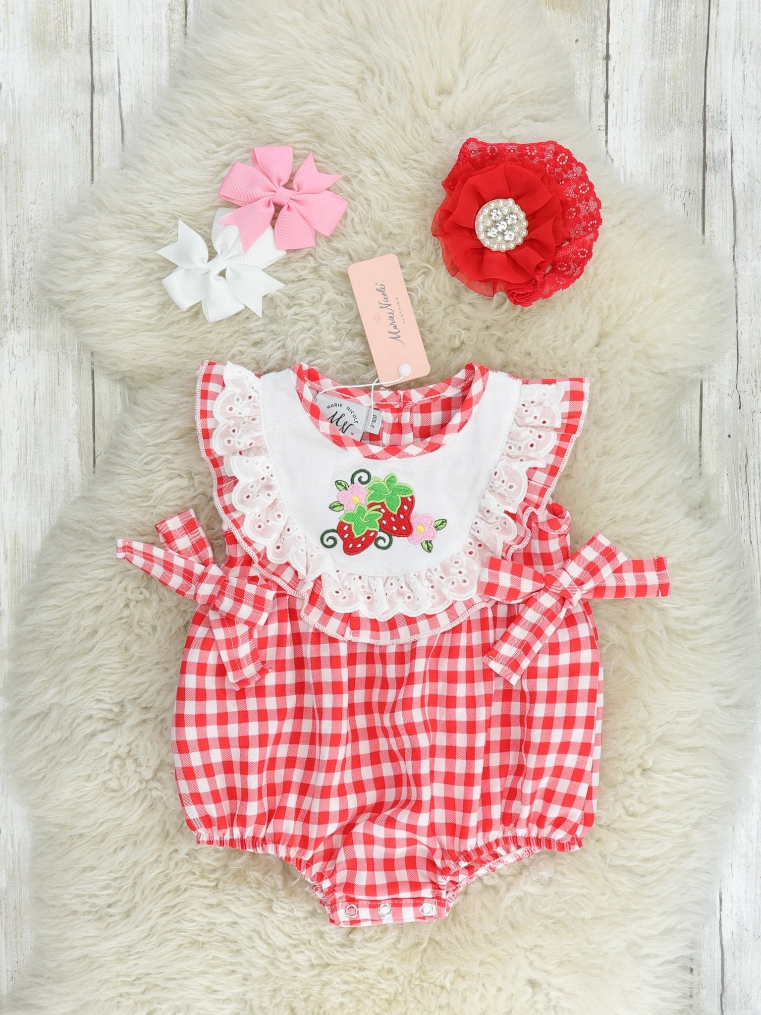 Red Gingham Strawberry Bib Collar Bubble Romper - Marie Nicole Clothing