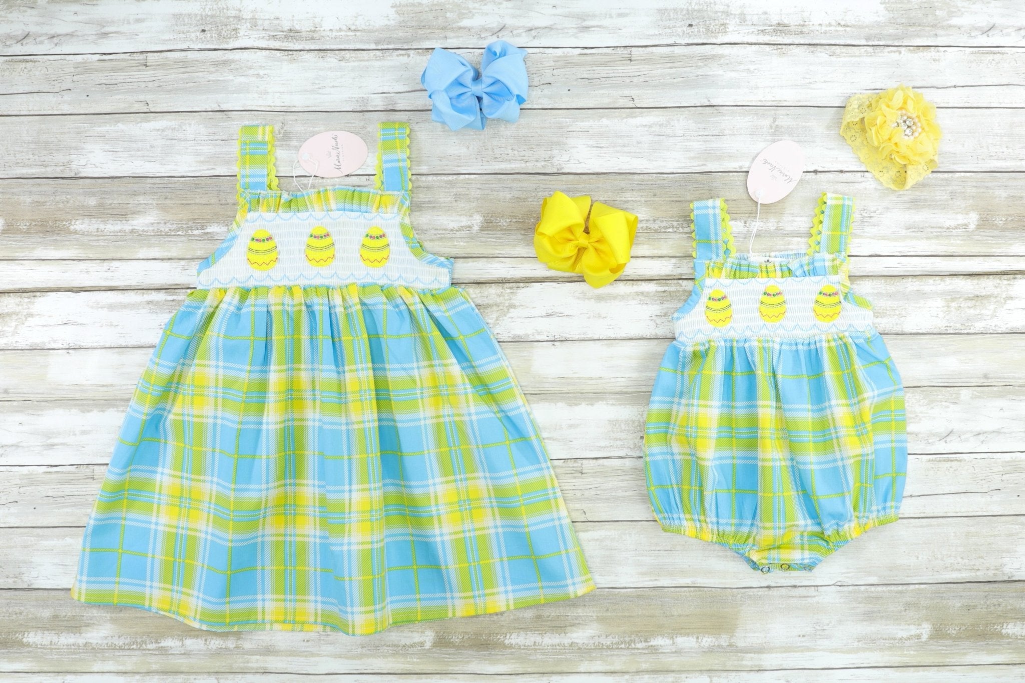 Blue, Green, & Yellow Plaid Easter Egg Smocked Bubble Romper - Marie Nicole Clothing