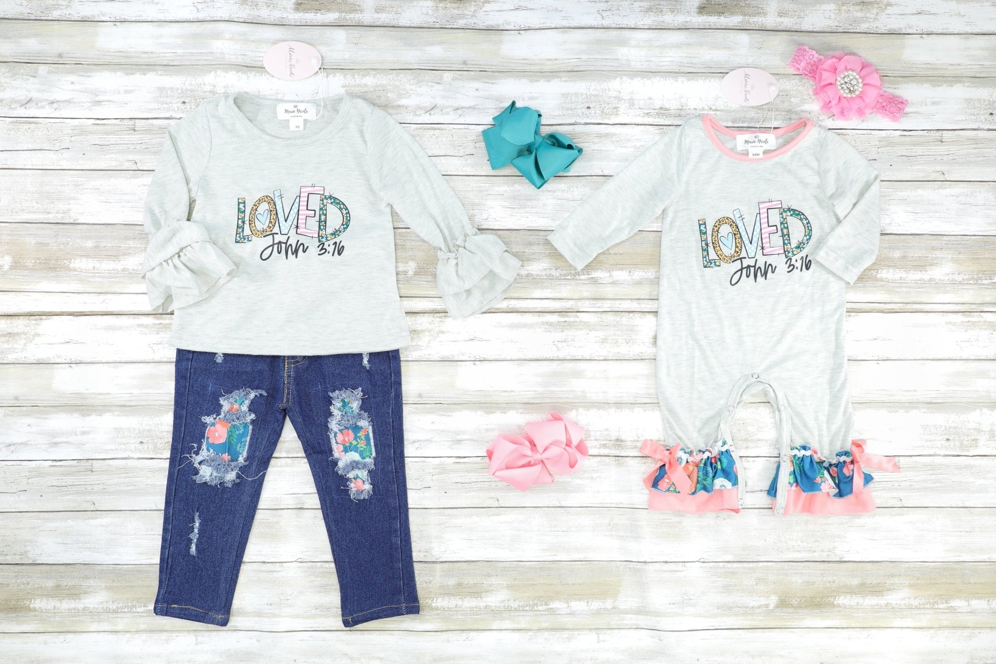 "Loved" Ruffle Sleeve Top & Distressed Denim Outfit - Marie Nicole Clothing
