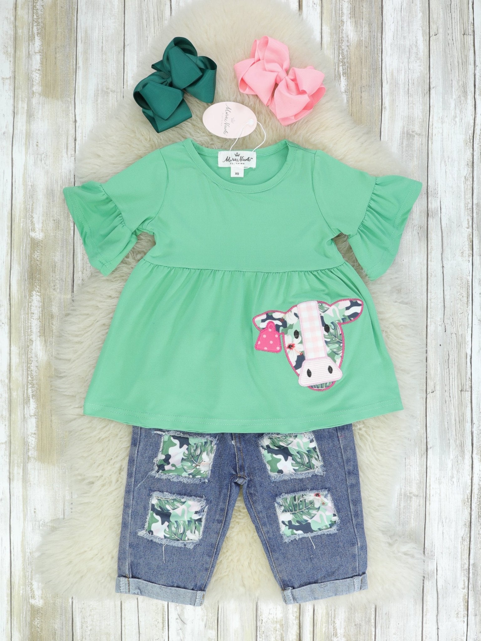 Green Cow Ruffle Tunic & Distressed Denim Capris - Marie Nicole Clothing