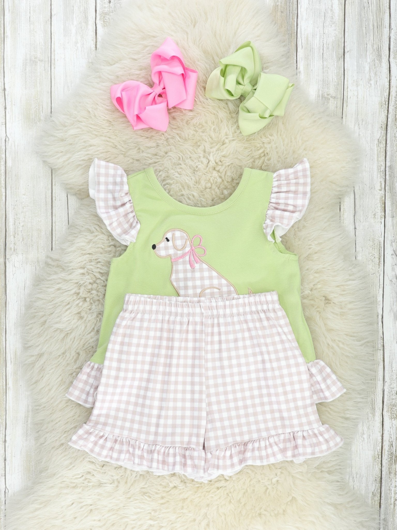 Green Gingham Dog Ruffle Outfit - Marie Nicole Clothing