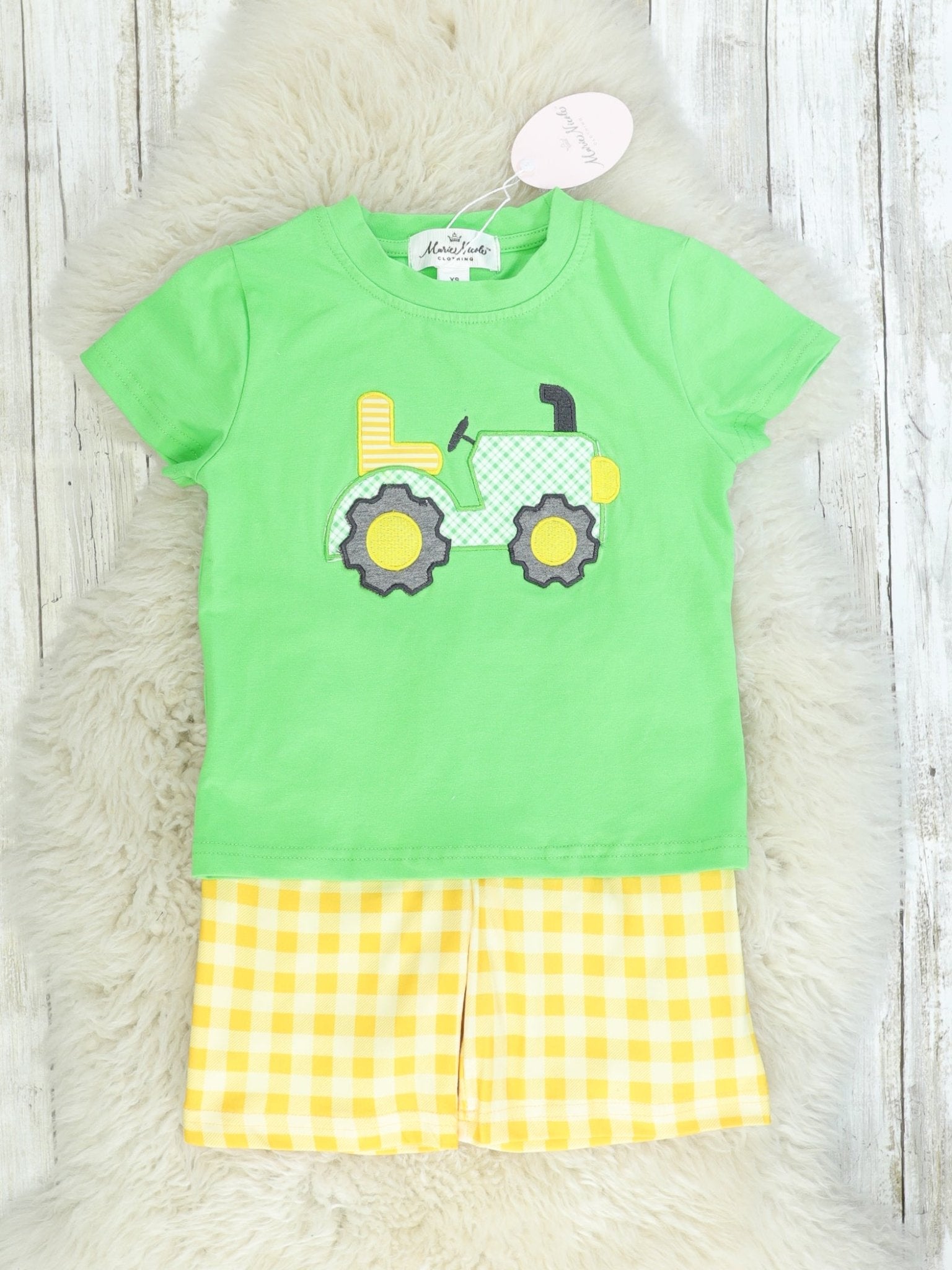 Yellow Check & Green Tractor Top Shorts Outfit - Marie Nicole Clothing