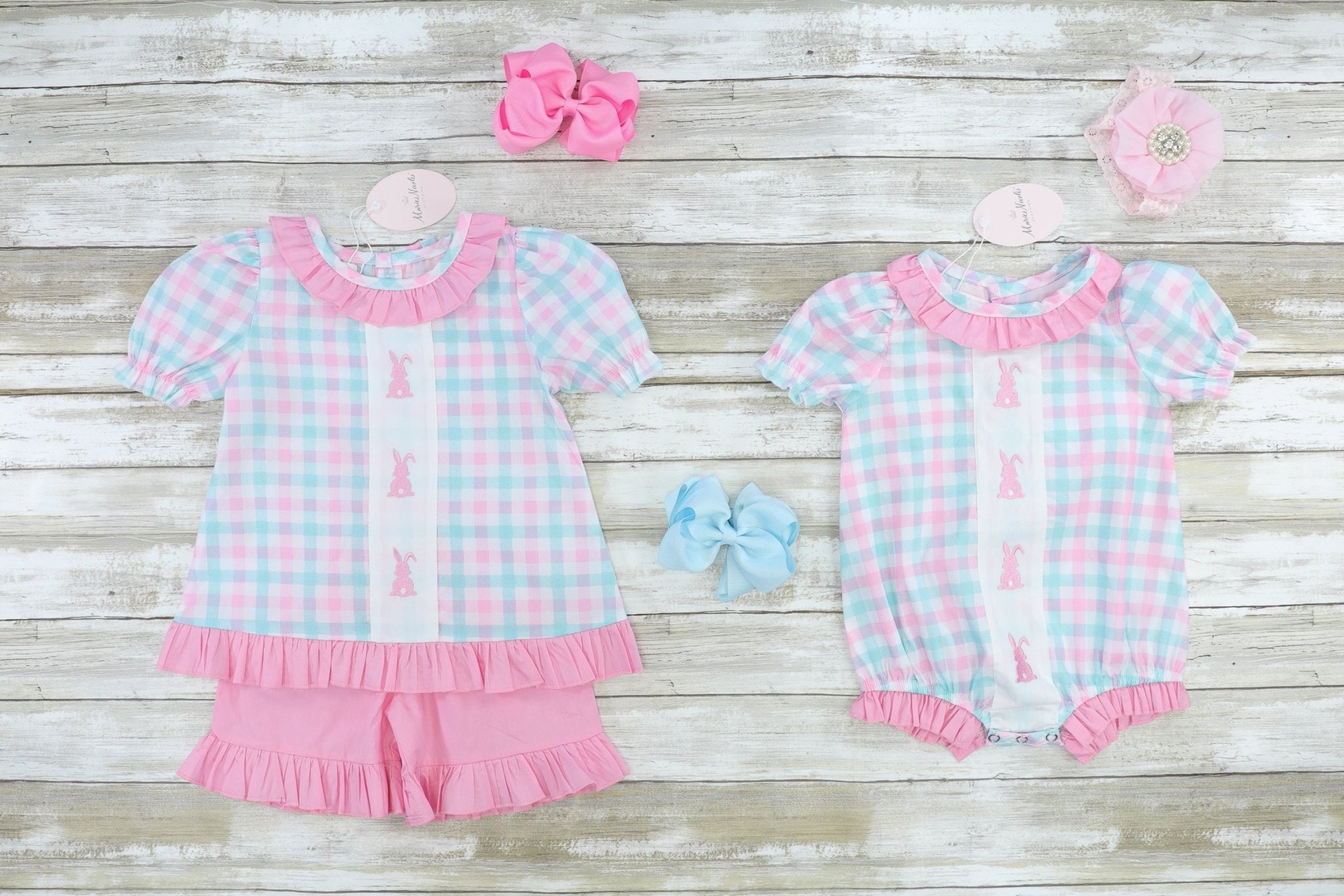 Pinky Check Bunny Ruffle Outfit - Marie Nicole Clothing