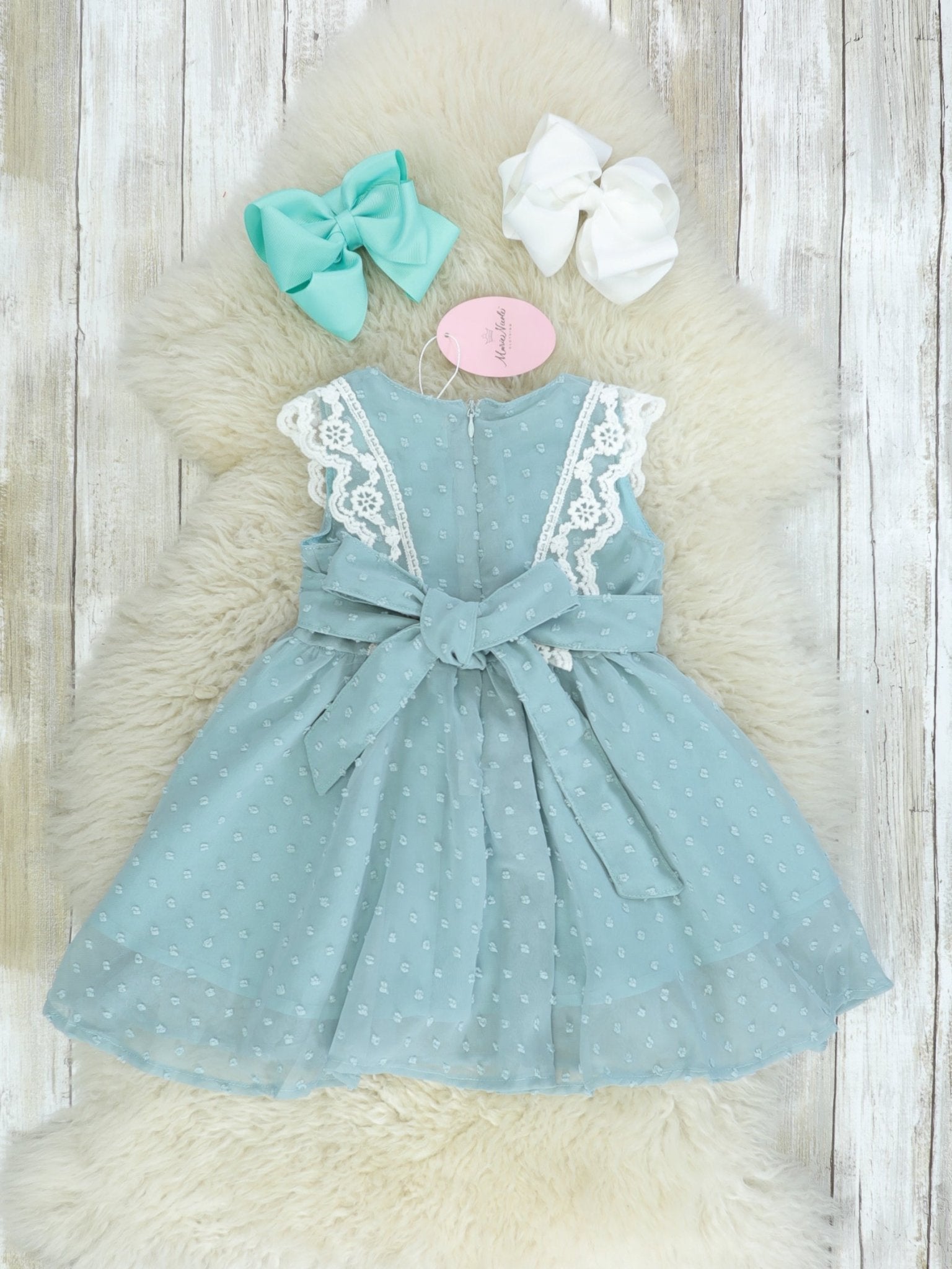 Ash Blue Lace Swiss Dot Dress - Marie Nicole Clothing