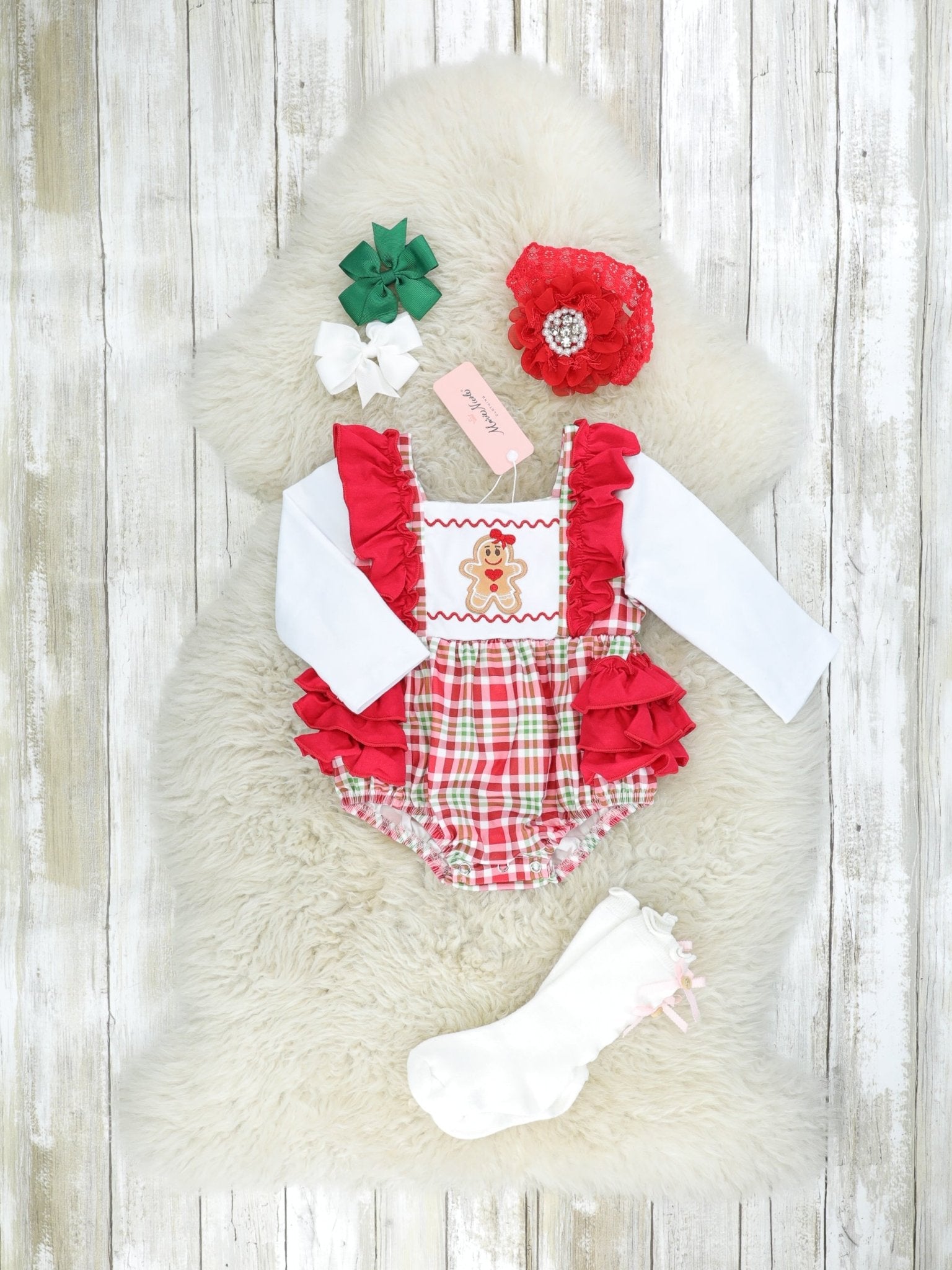 Red Plaid Gingerbread Bubble Ruffle Romper - Marie Nicole Clothing