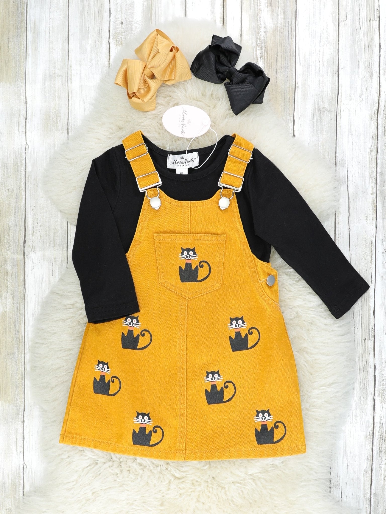 Black Long Sleeve & Denim Cat Pocket Overall Set - Marie Nicole Clothing
