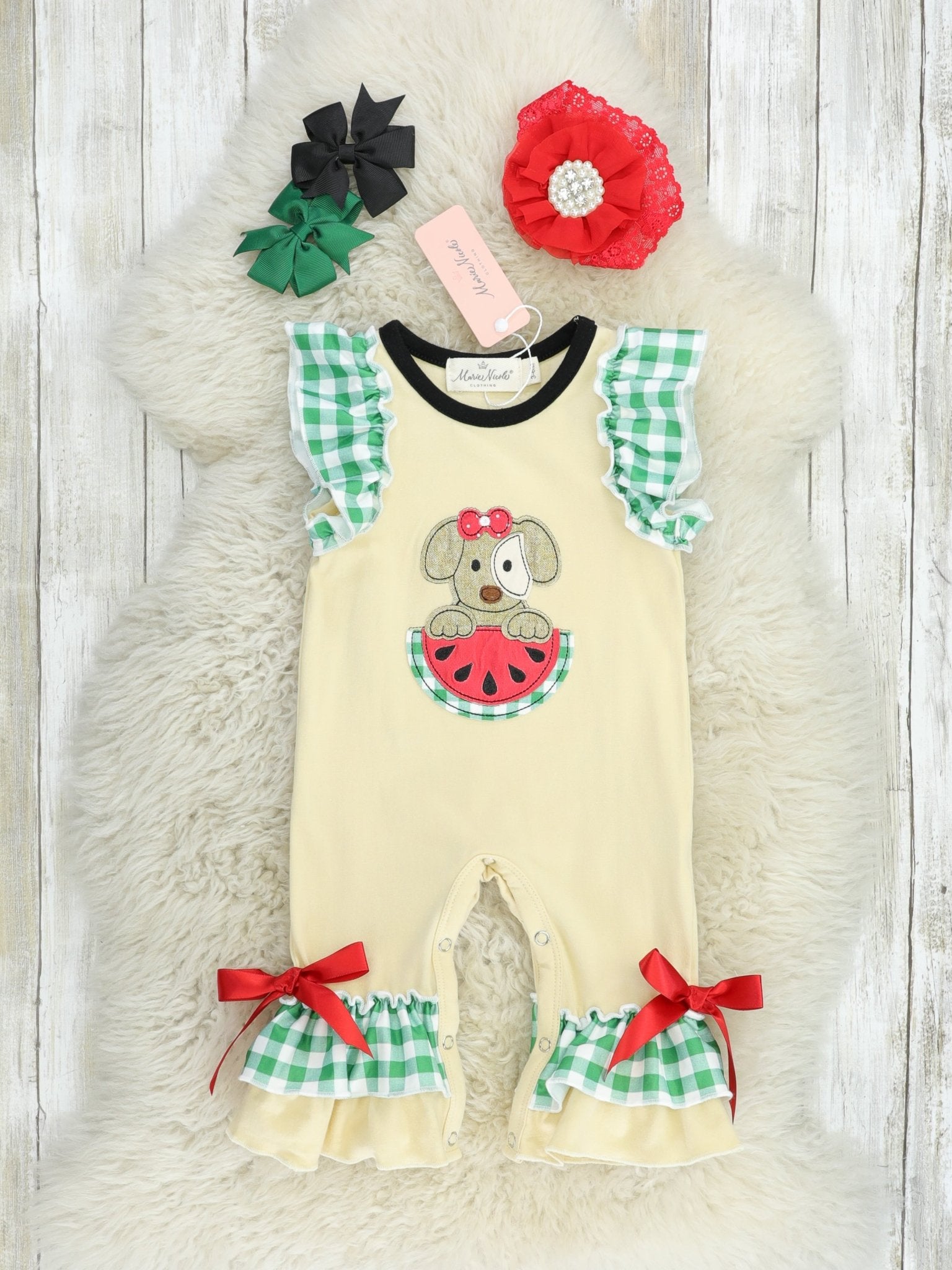 Green Gingham Watermelon Puppy Ruffle Romper - Marie Nicole Clothing