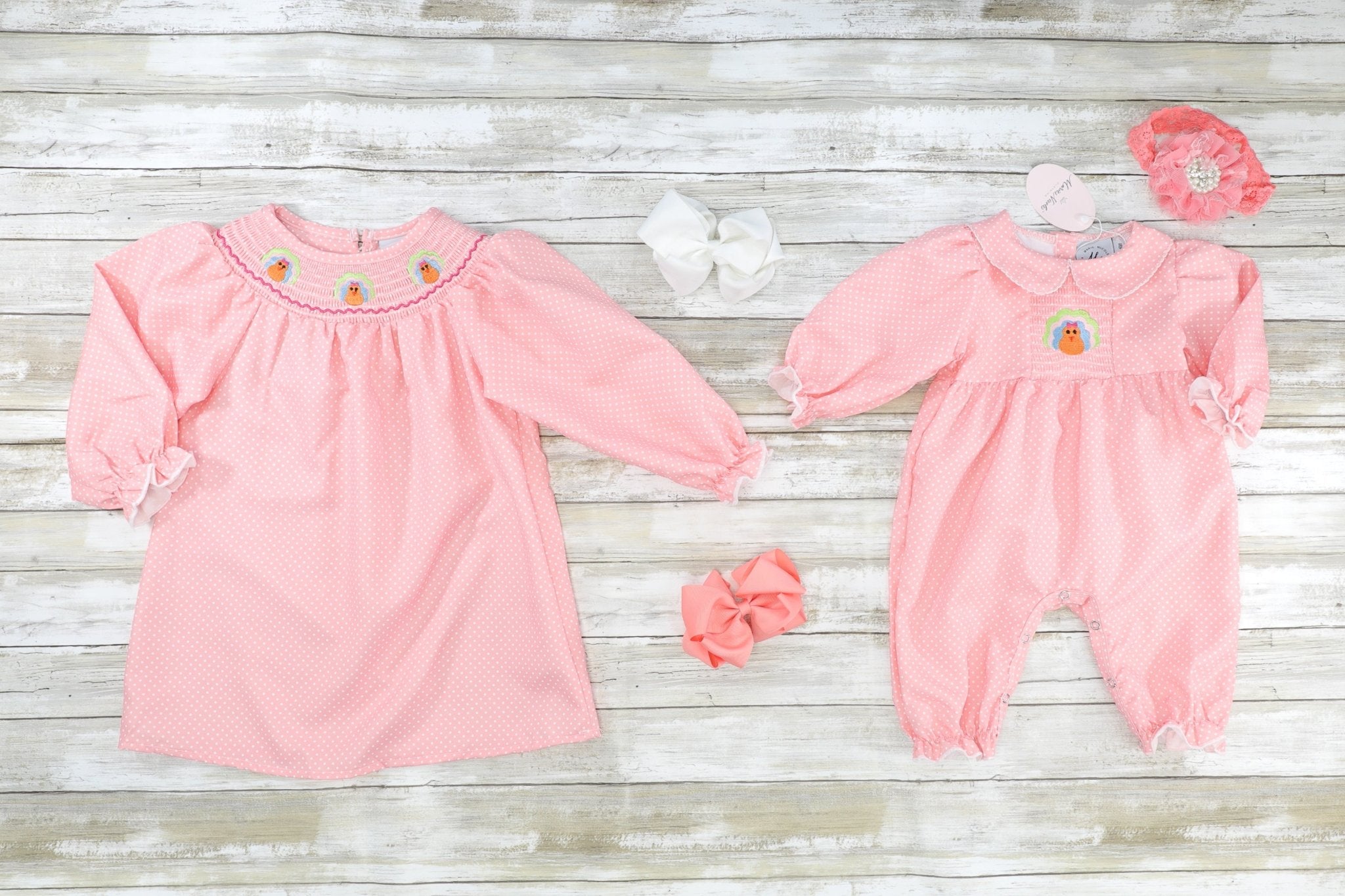 Pink Smocked Polka Dot Turkey Romper - Marie Nicole Clothing