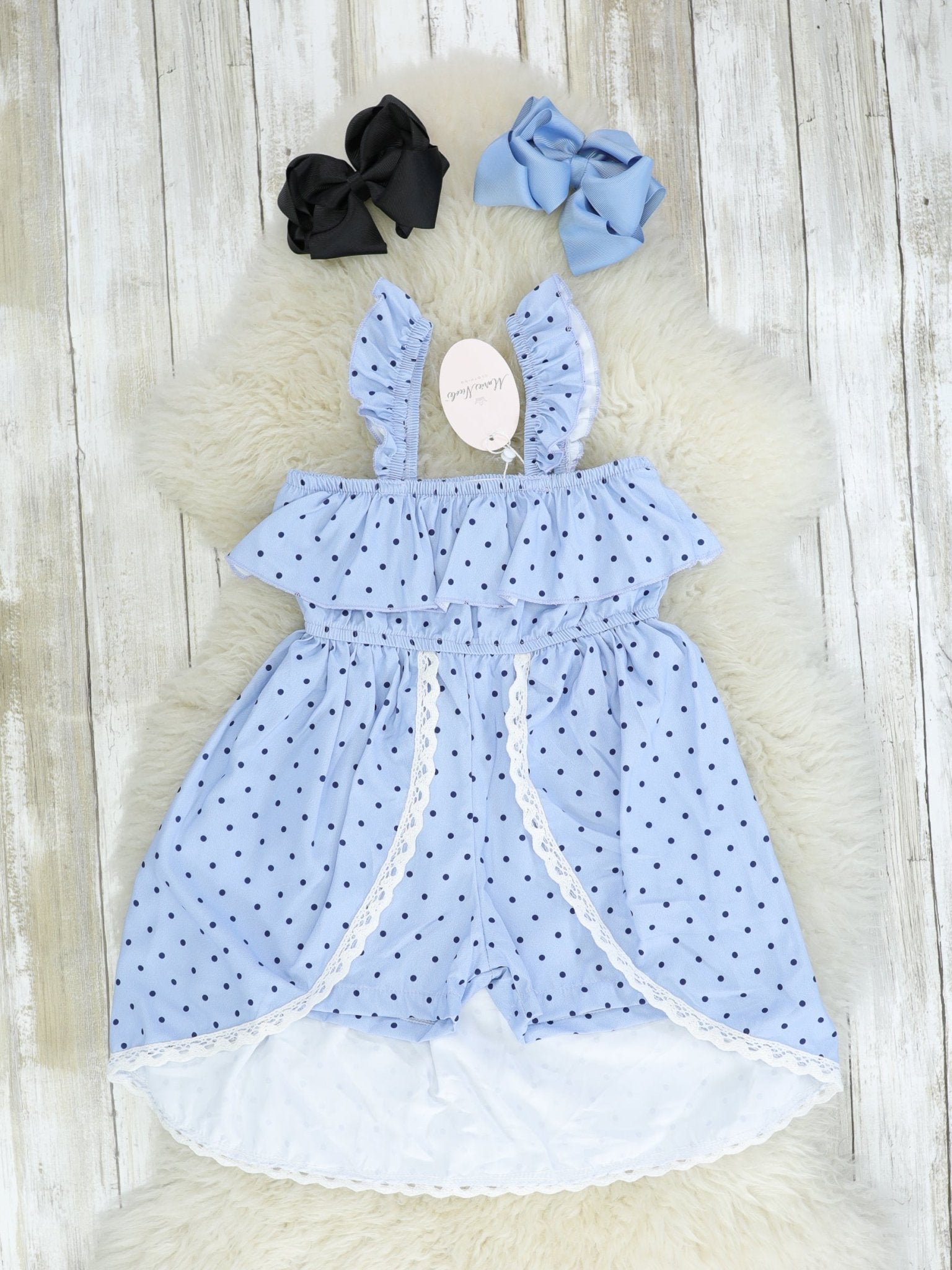 Blue Polka Dot Ruffle Split Dress Romper - Marie Nicole Clothing
