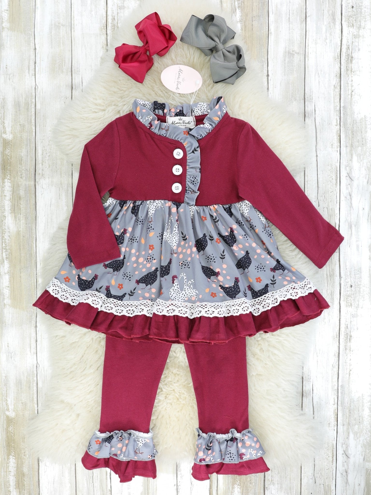 Maroon & Grey Chicken Ruffle Outfit - Marie Nicole Clothing