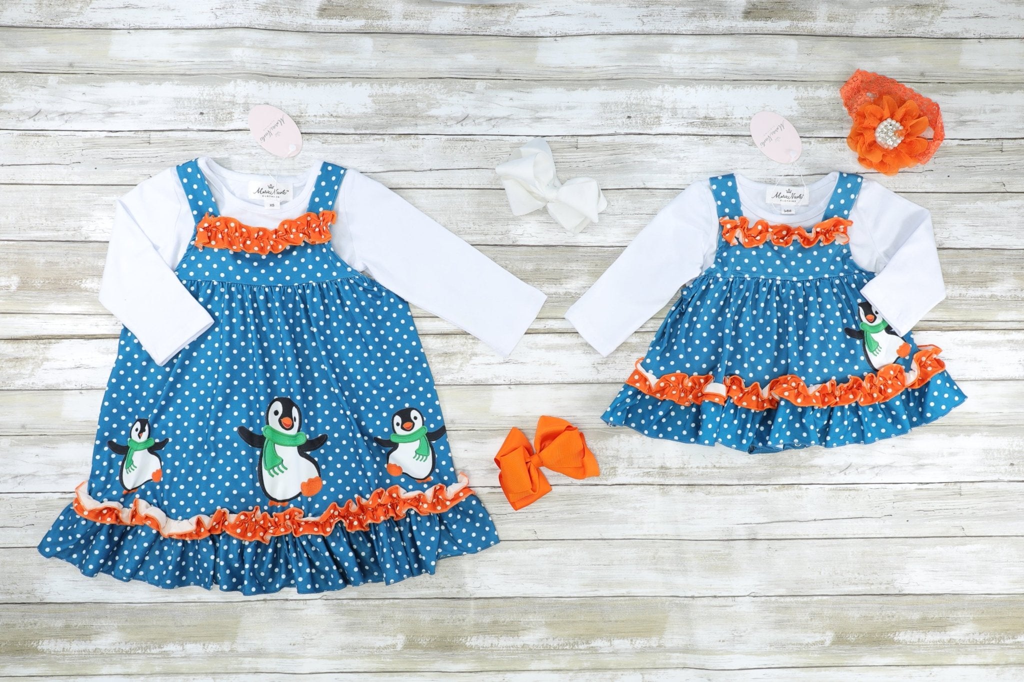 Blue Polka Dot Penguin Dress W/ White Shirt - Marie Nicole Clothing