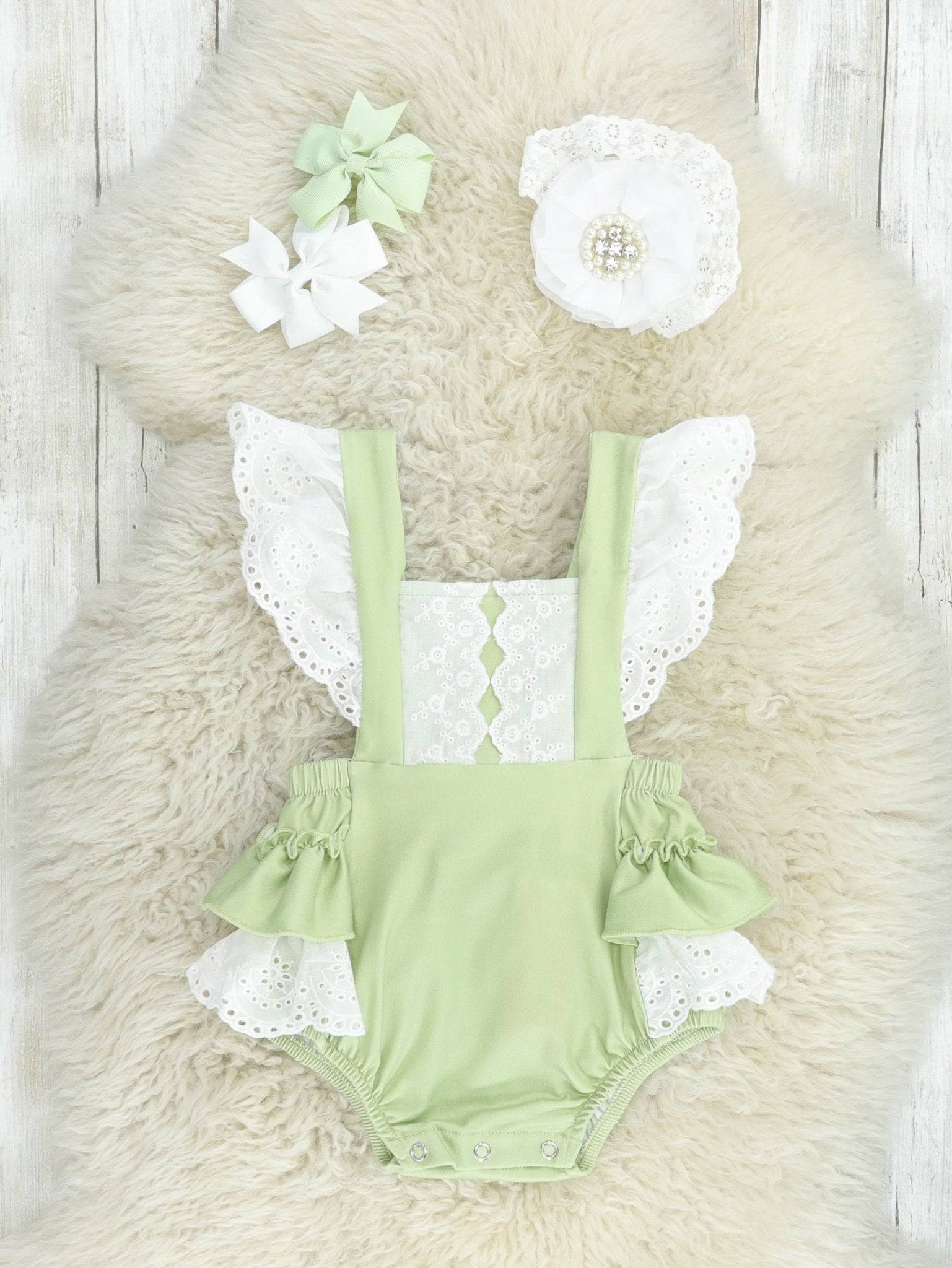 Sage Green Lace Ruffle Bubble Romper - Marie Nicole Clothing