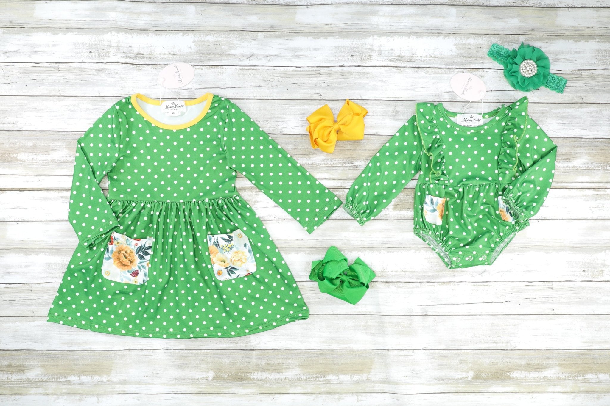 Green Polka Dot Floral Pocket Dress - Marie Nicole Clothing