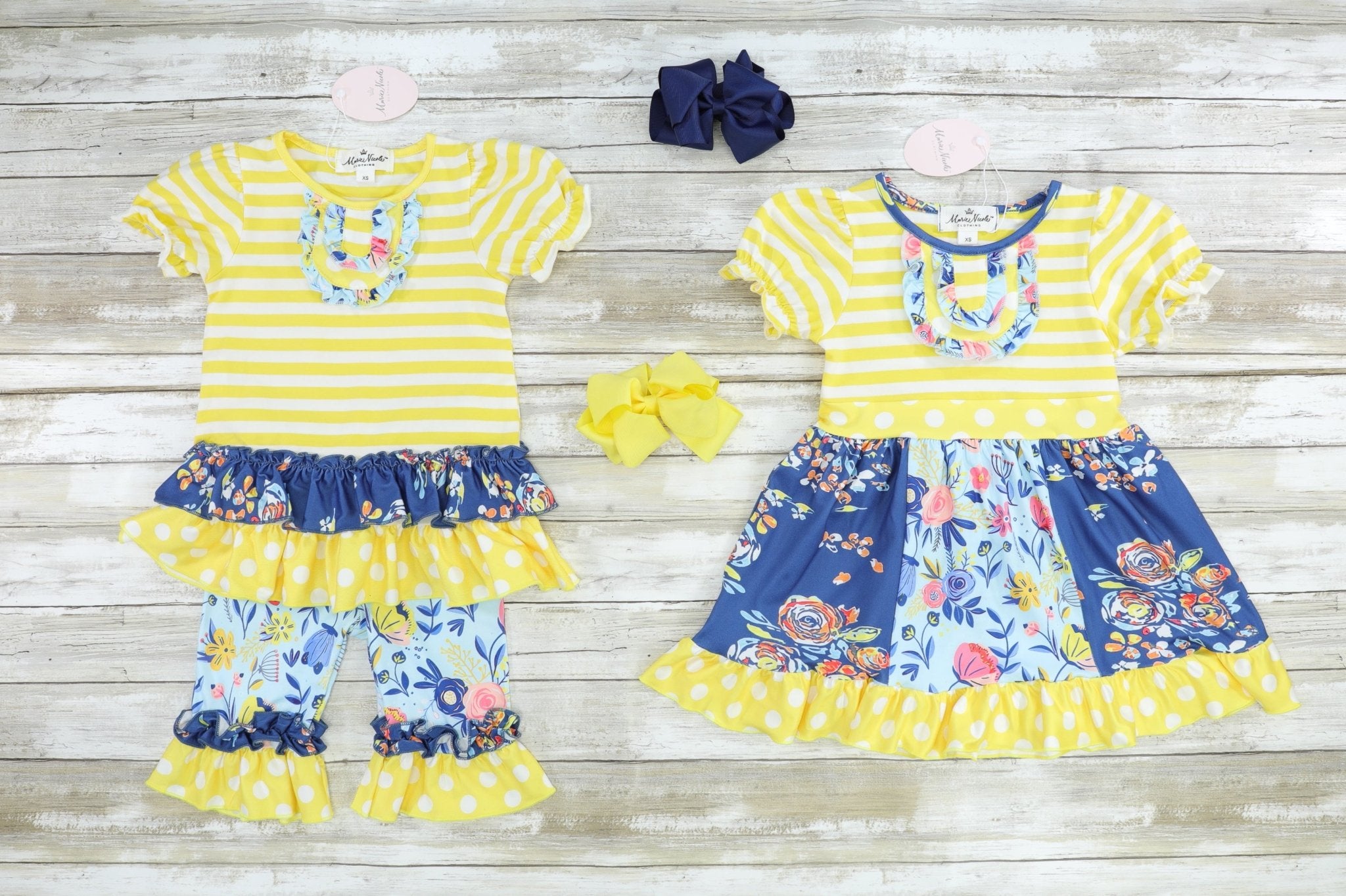Yellow & Navy Mixed Florals Dress - Marie Nicole Clothing