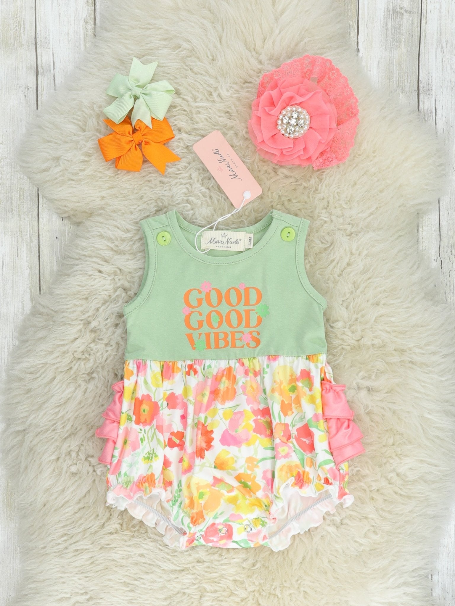 Sage "Good Vibes" Floral Ruffle Bubble Romper - Marie Nicole Clothing