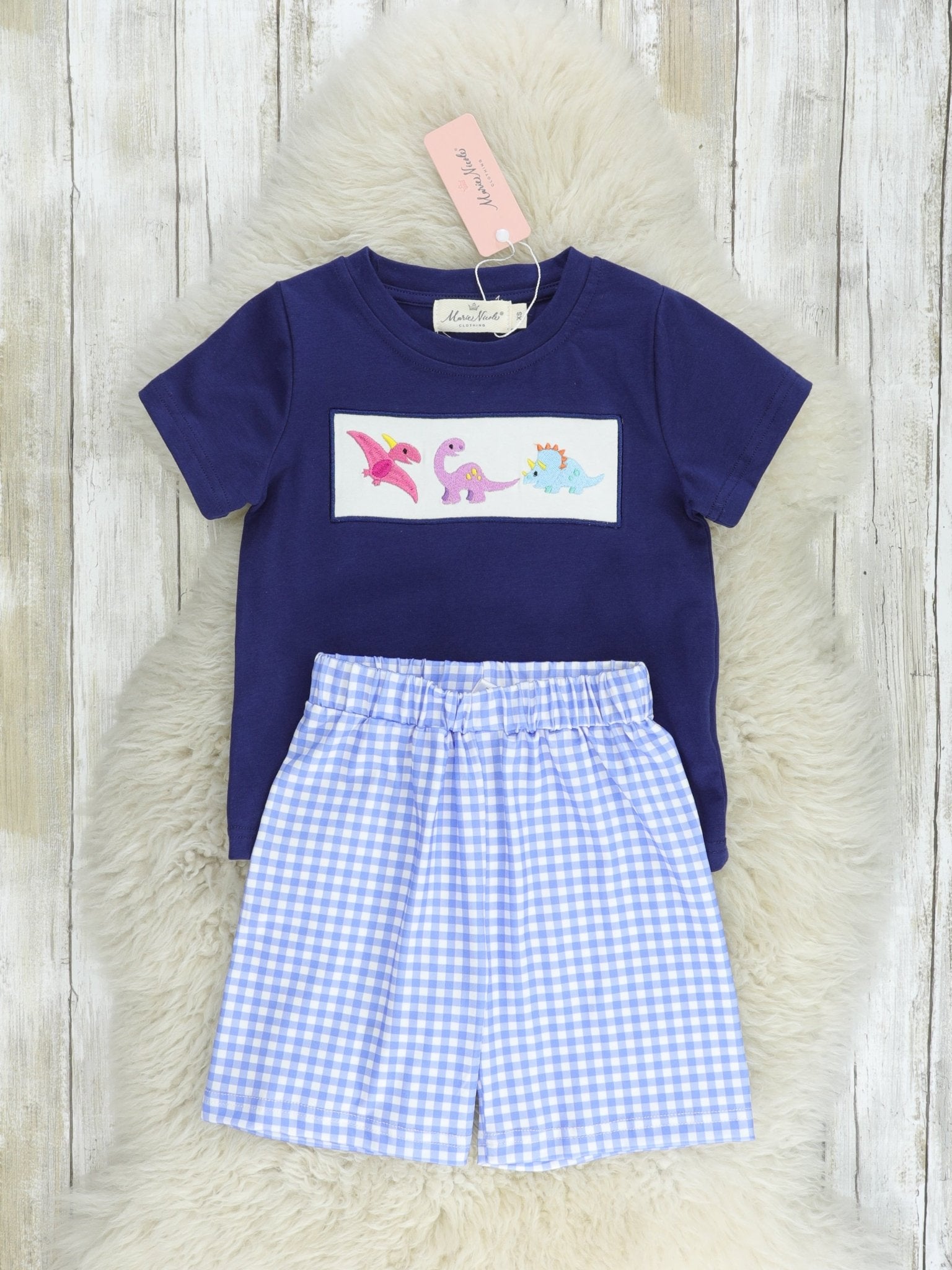 Blue Gingham Dinosaur Outfit - Marie Nicole Clothing
