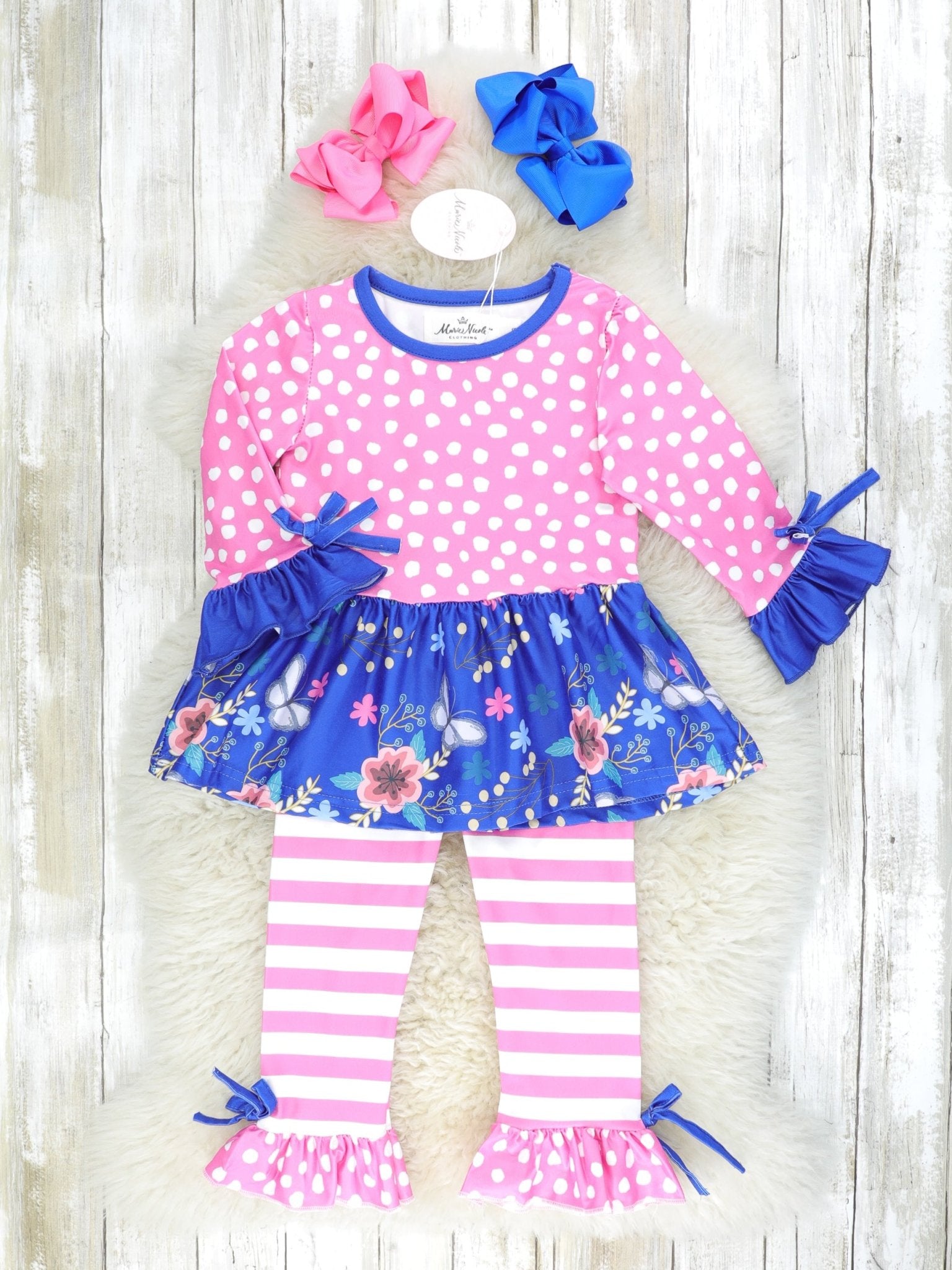Blue Floral Butterfly Ruffle Tunic & Pink Striped Bottoms Outfit - Marie Nicole Clothing