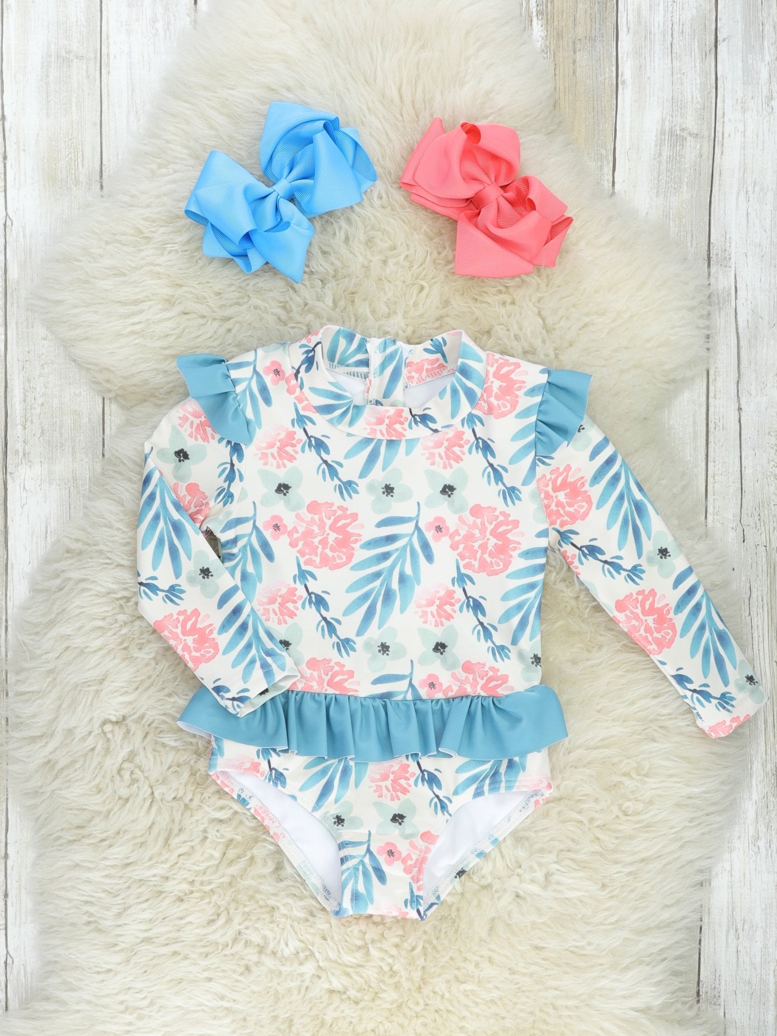 Coral Hydrangea Ruffle Rash Guard Swimsuit - Marie Nicole Clothing