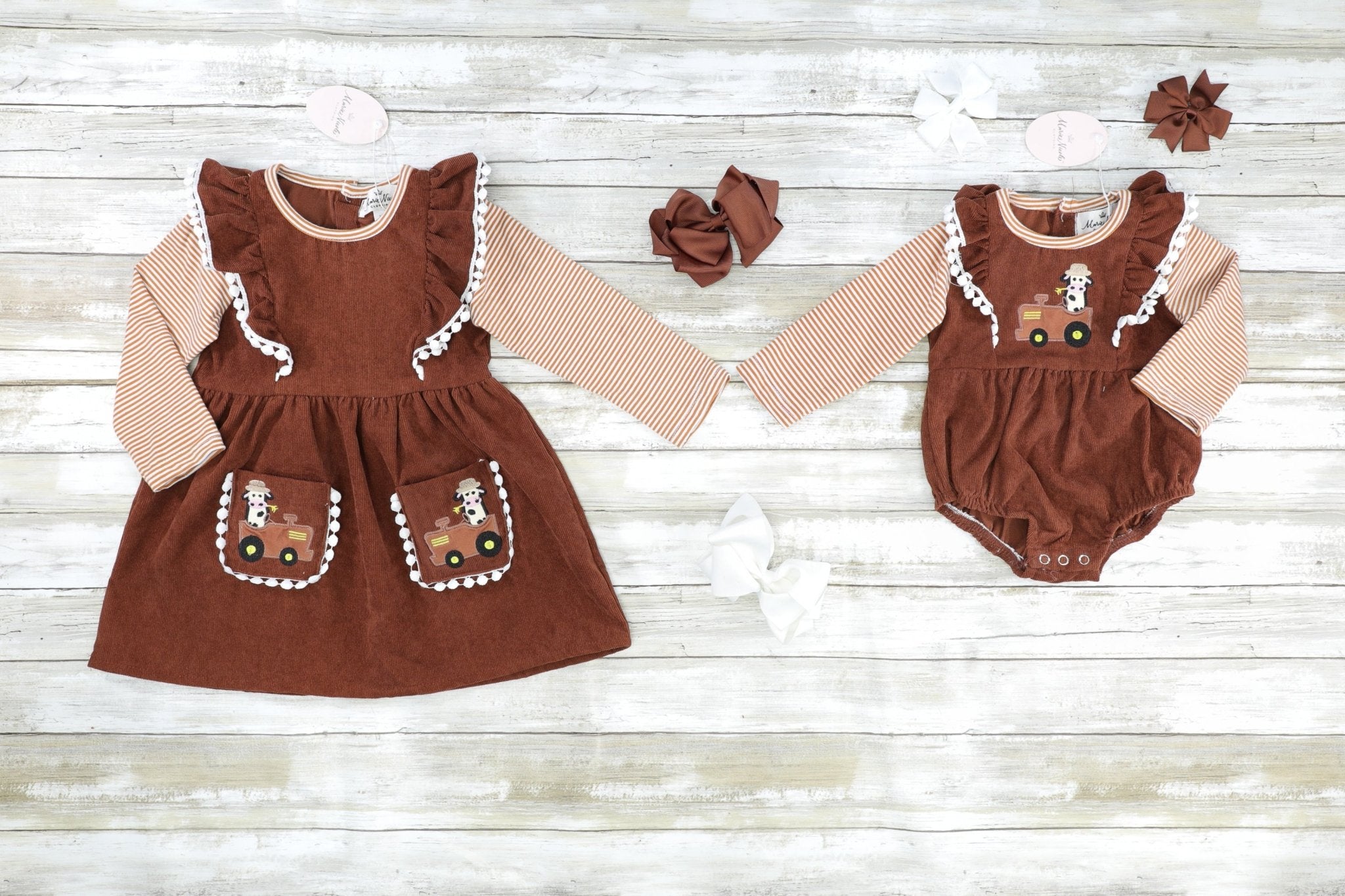Brown Striped Cow Farmer Ruffle Romper - Marie Nicole Clothing