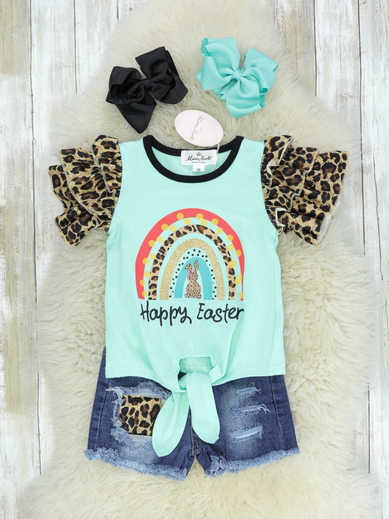 "Happy Easter" Rainbow Ruffle Leopard Denim Outfit - Marie Nicole Clothing
