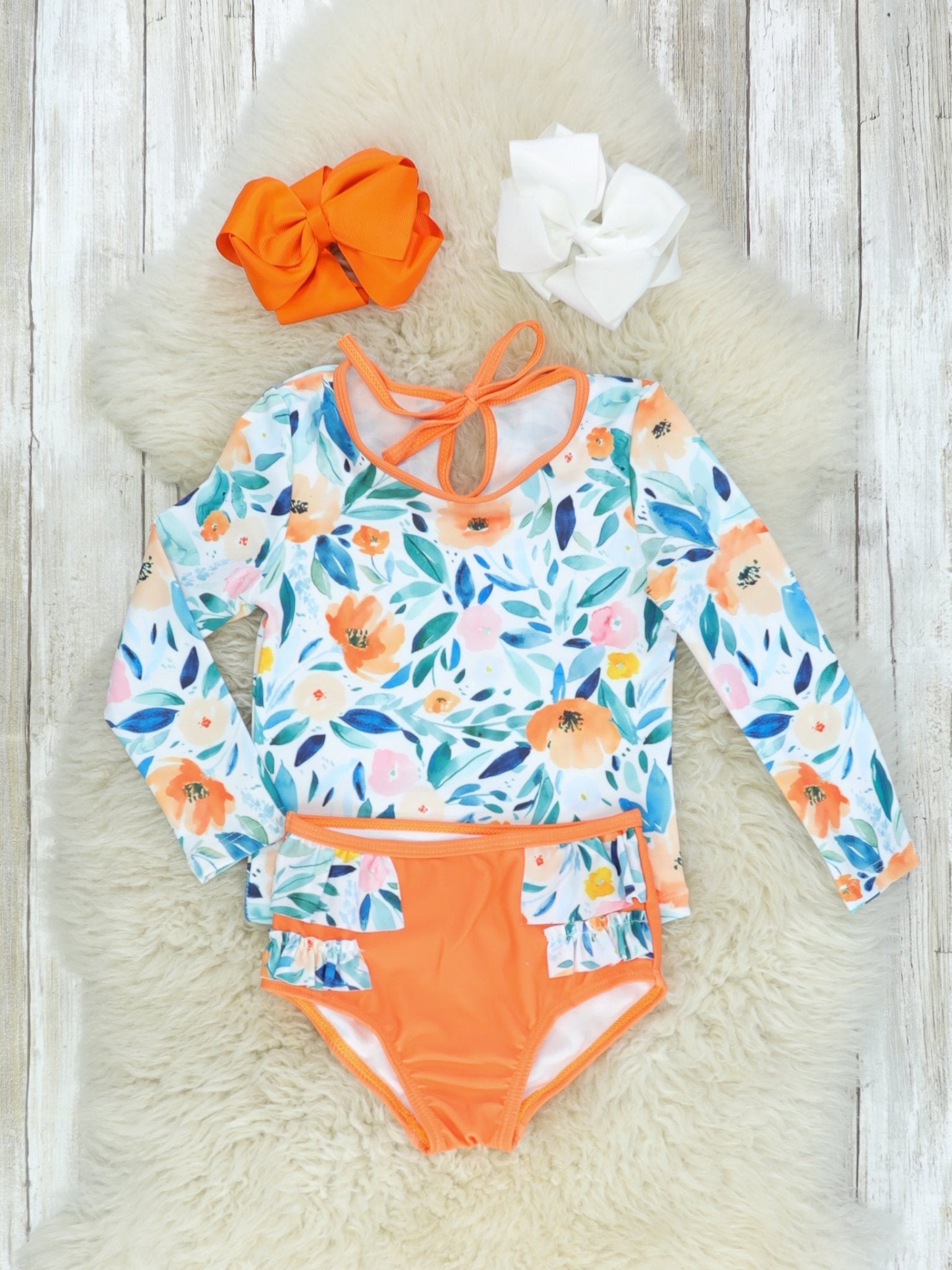 Orange & Blue Floral Rash Guard Ruffle Swimsuit - Marie Nicole Clothing