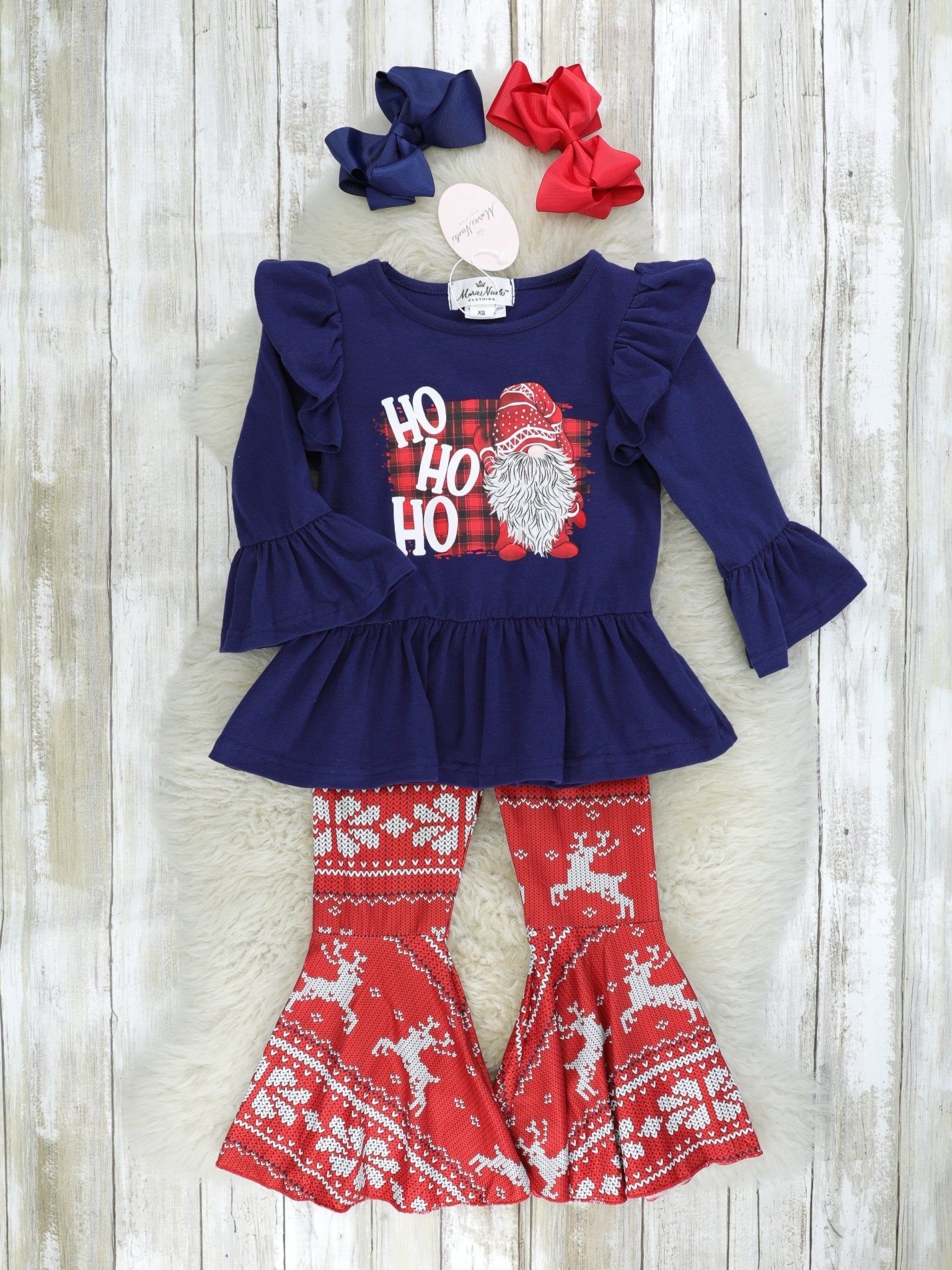 Navy "HO HO HO" Ruffle Outfit - Marie Nicole Clothing