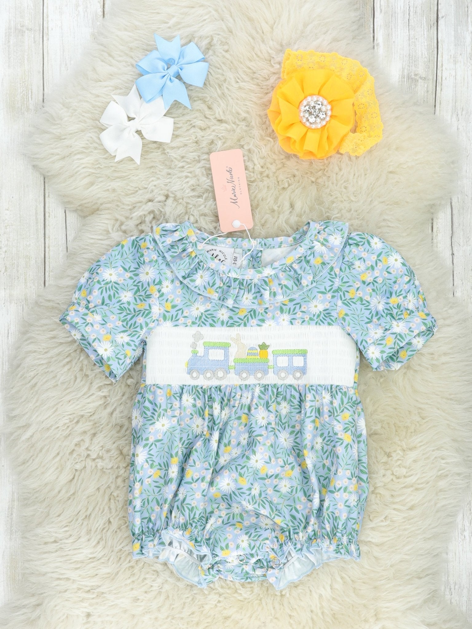 Floral Smocked Bunny Train Ruffle Bubble Romper - Marie Nicole Clothing