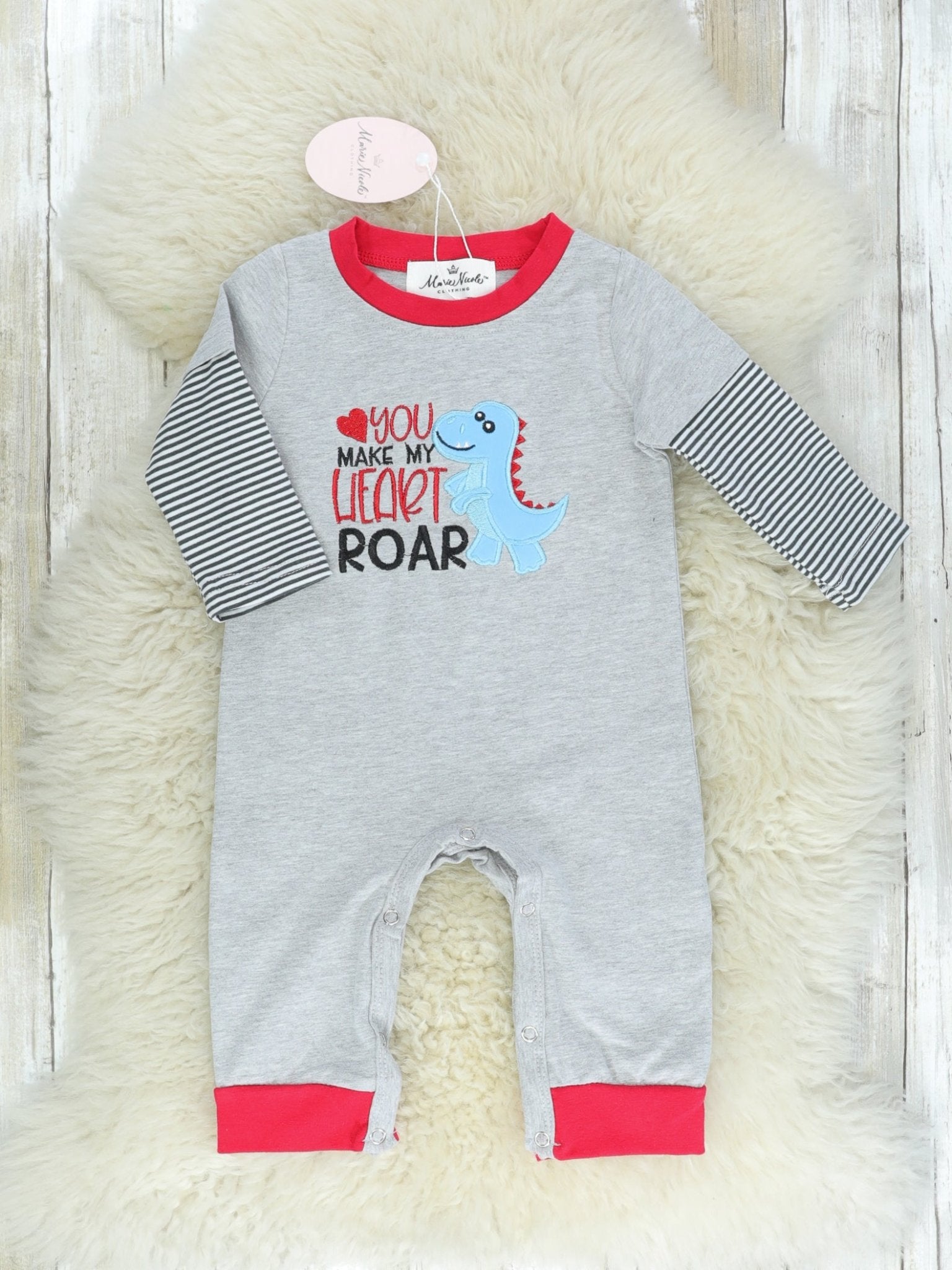 You Make My Heart Roar Gray Striped Romper - Marie Nicole Clothing