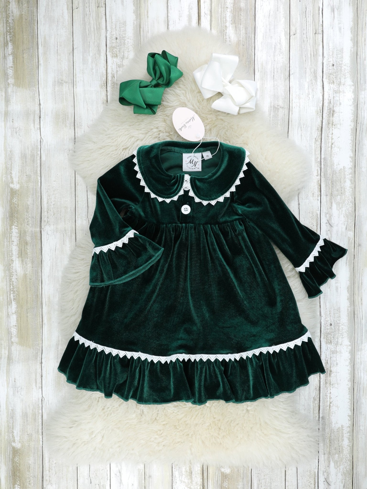 Emerald Velvet Ruffle Dress - Marie Nicole Clothing