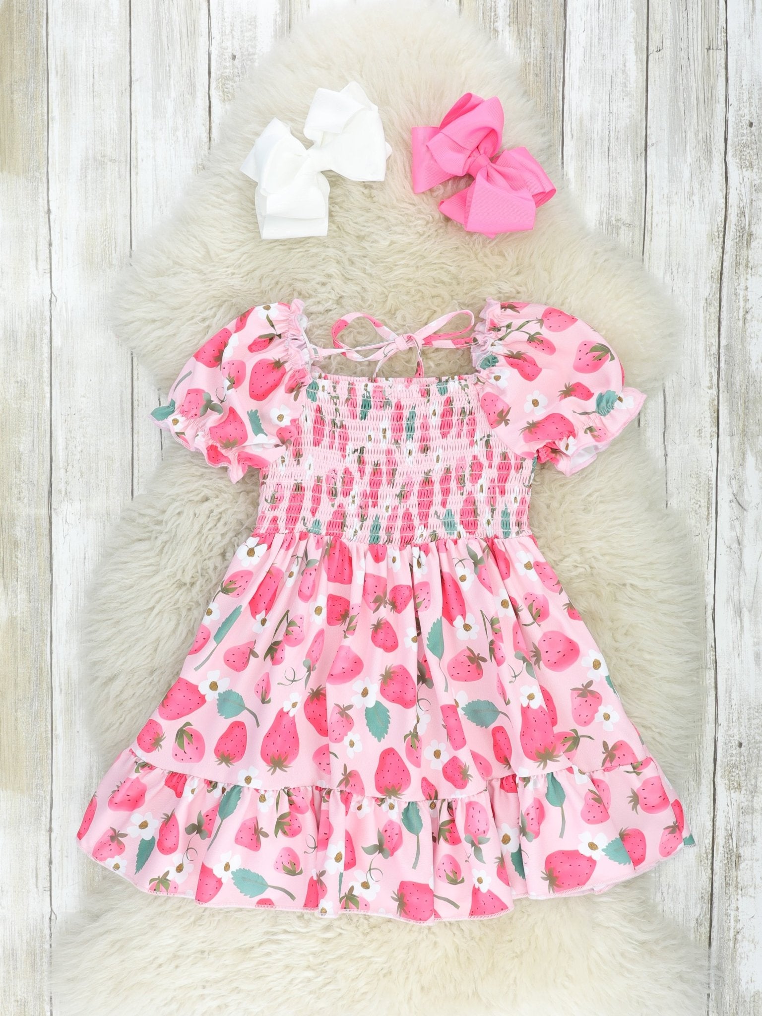 Strawberry Puff Sleeve Smocked Dress - Marie Nicole Clothing