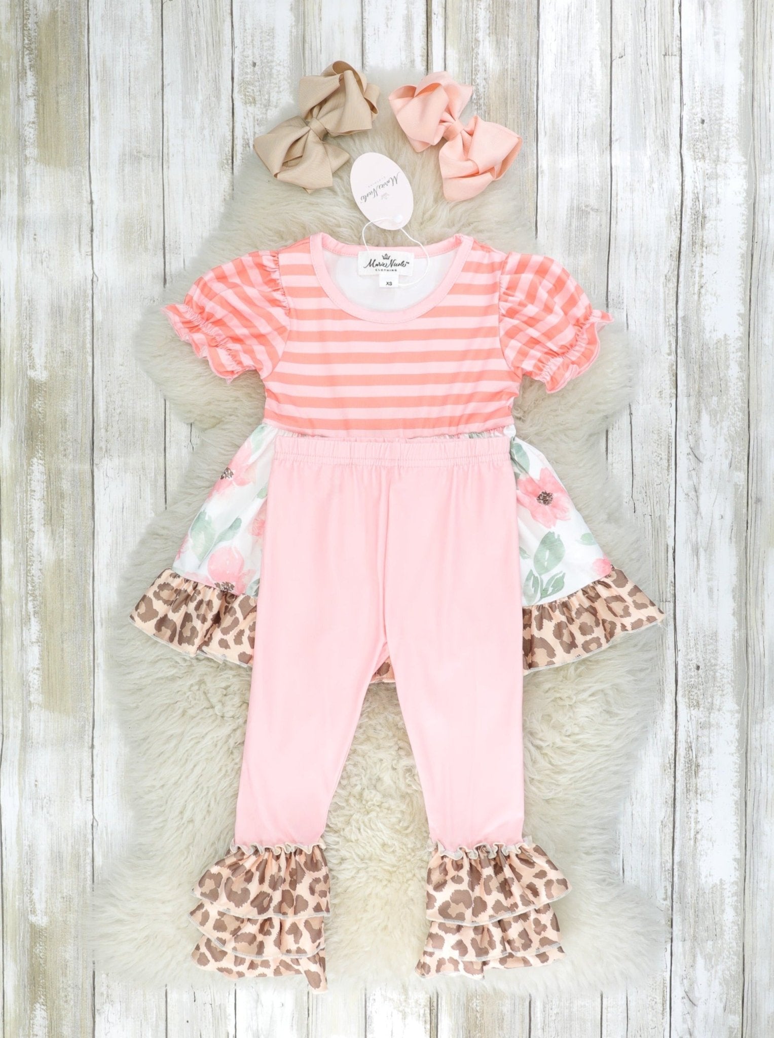 Peach Floral Leopard Ruffle Outfit - Marie Nicole Clothing