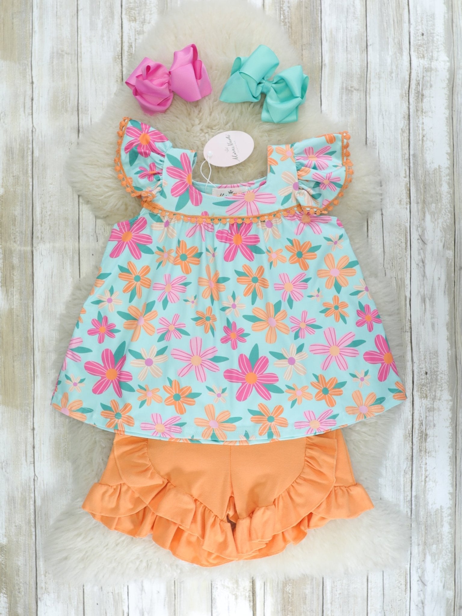 Orange & Pink Floral Ruffle Shorts Outfit - Marie Nicole Clothing