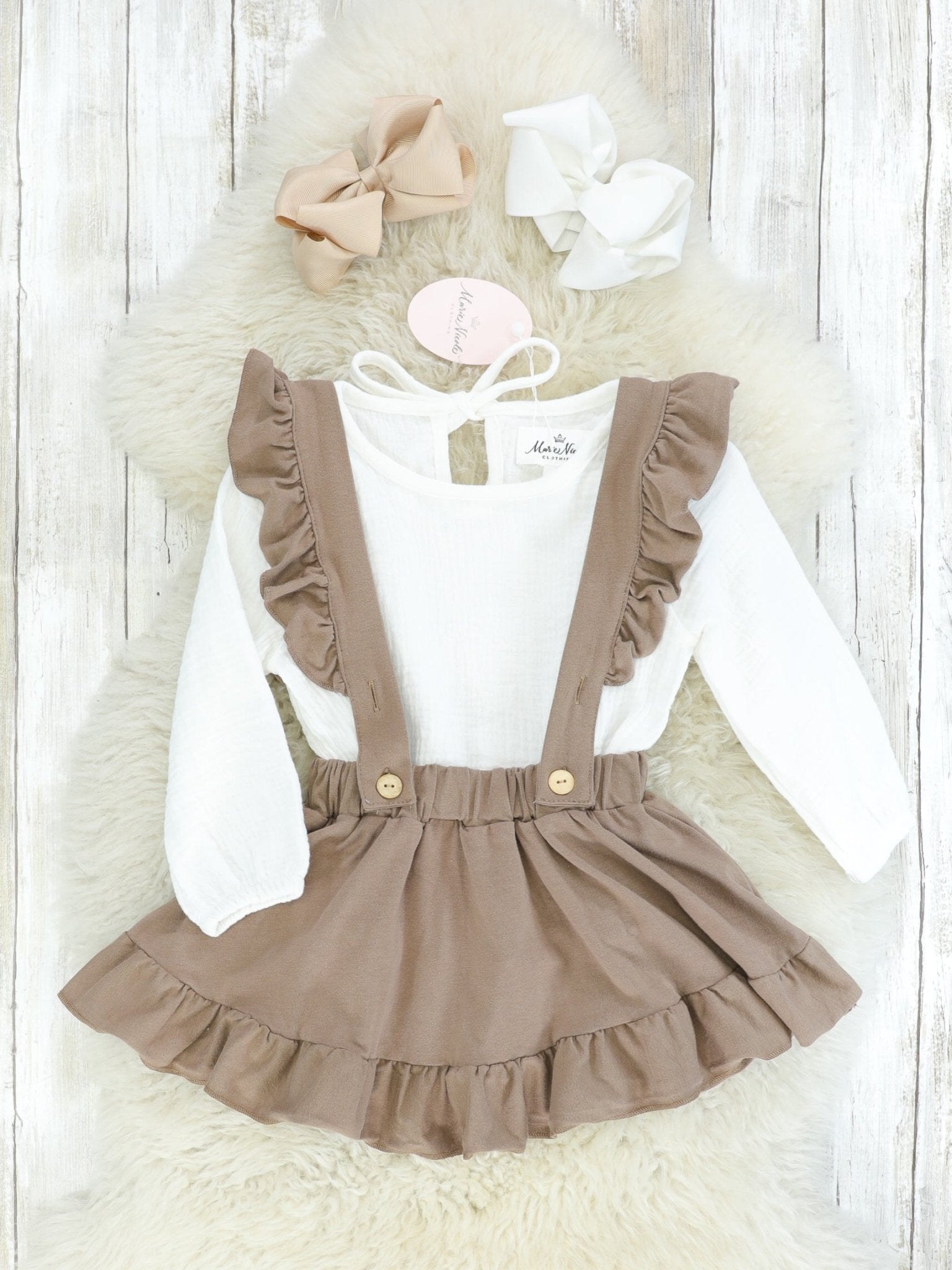 Mocha & White Suspender Skirt Set - Marie Nicole Clothing