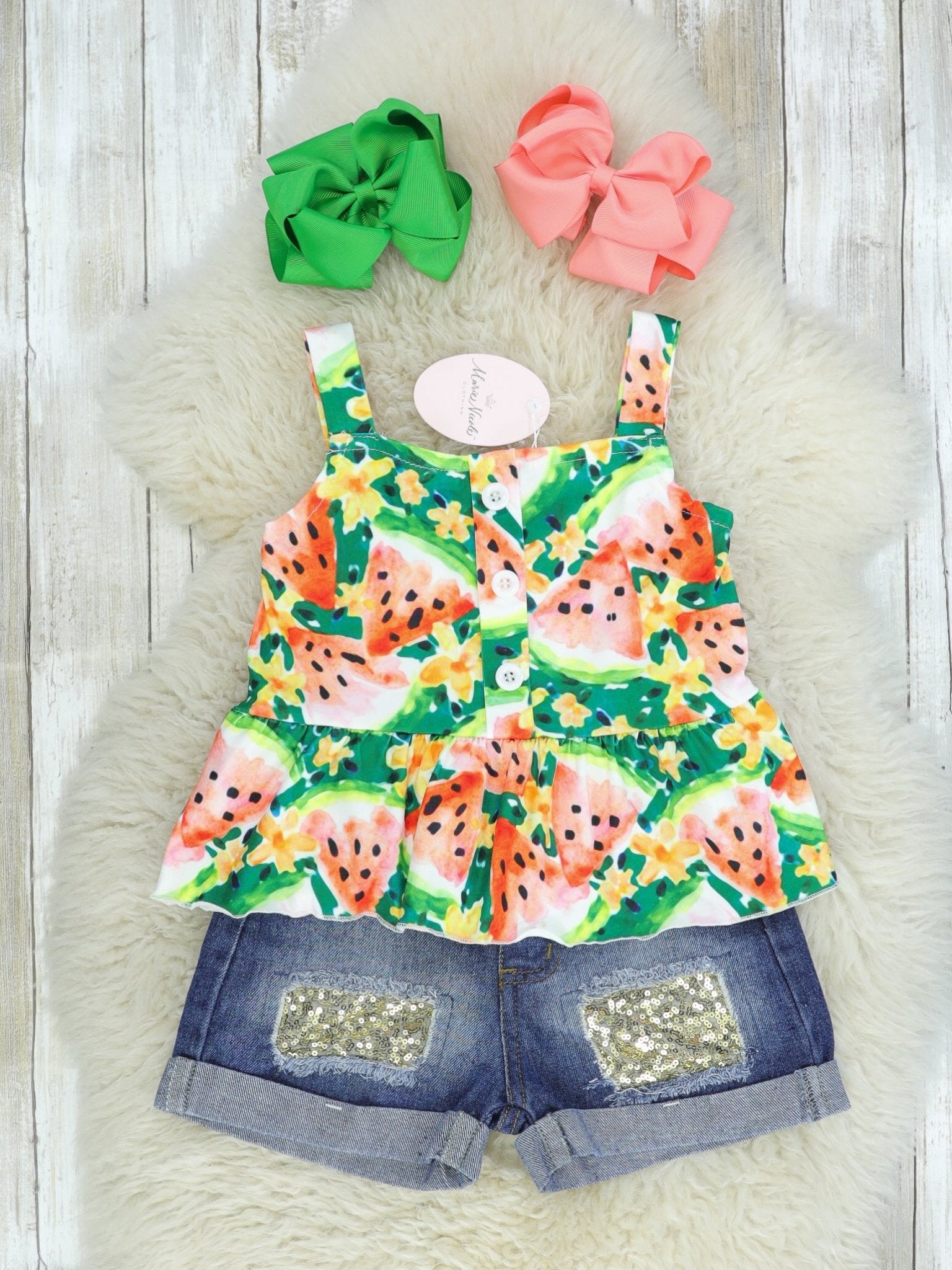 Watermelon Peplum Tank & Sequin Denim Outfit - Marie Nicole Clothing