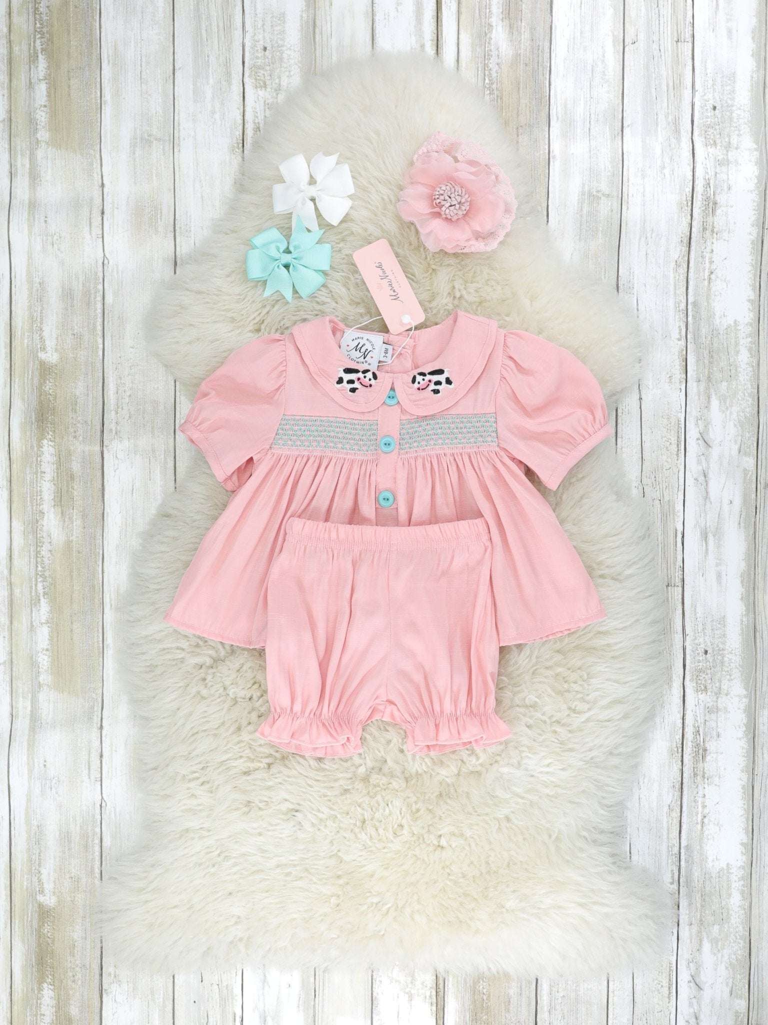 Pink Smocked Vintage Cow Top & Bloomers Set - Marie Nicole Clothing