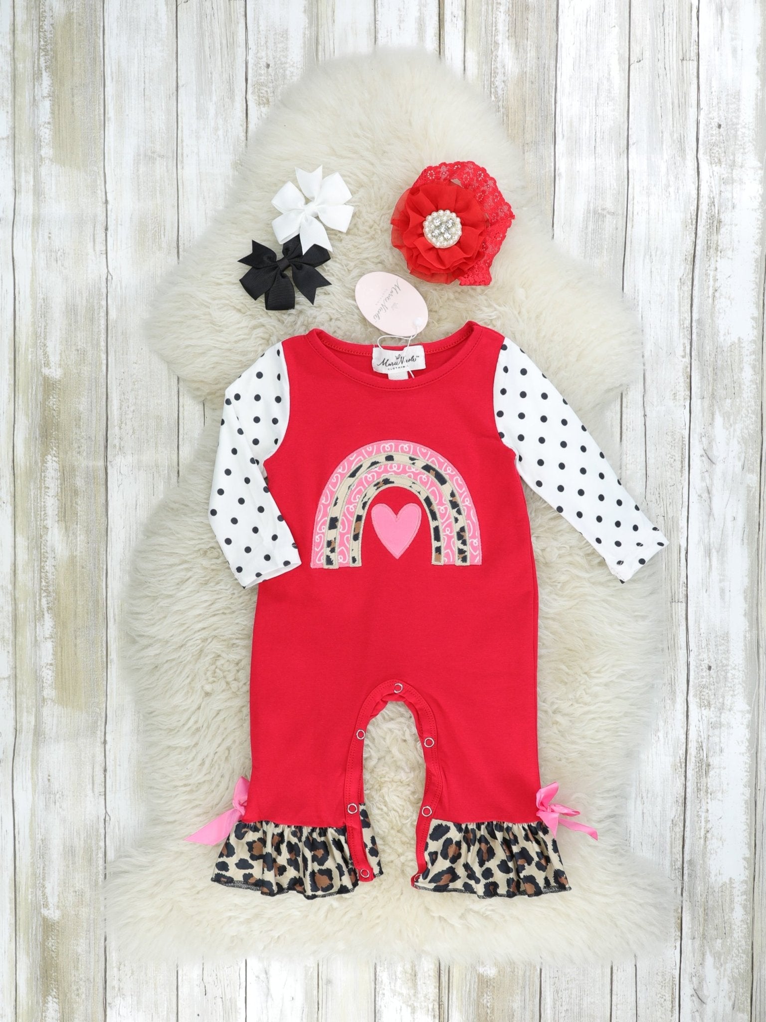 Love Leopard Rainbow Raglan Ruffle Romper - Marie Nicole Clothing