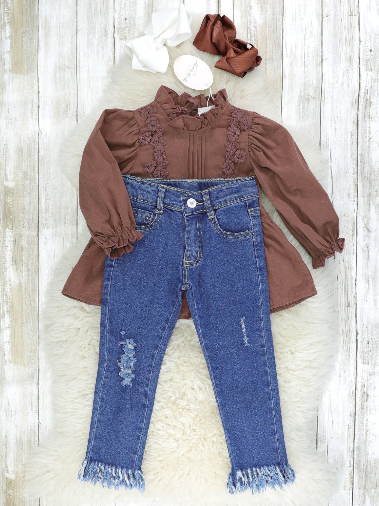 Brown Vintage Mock Neck Top & Distressed Denim Outfit - Marie Nicole Clothing