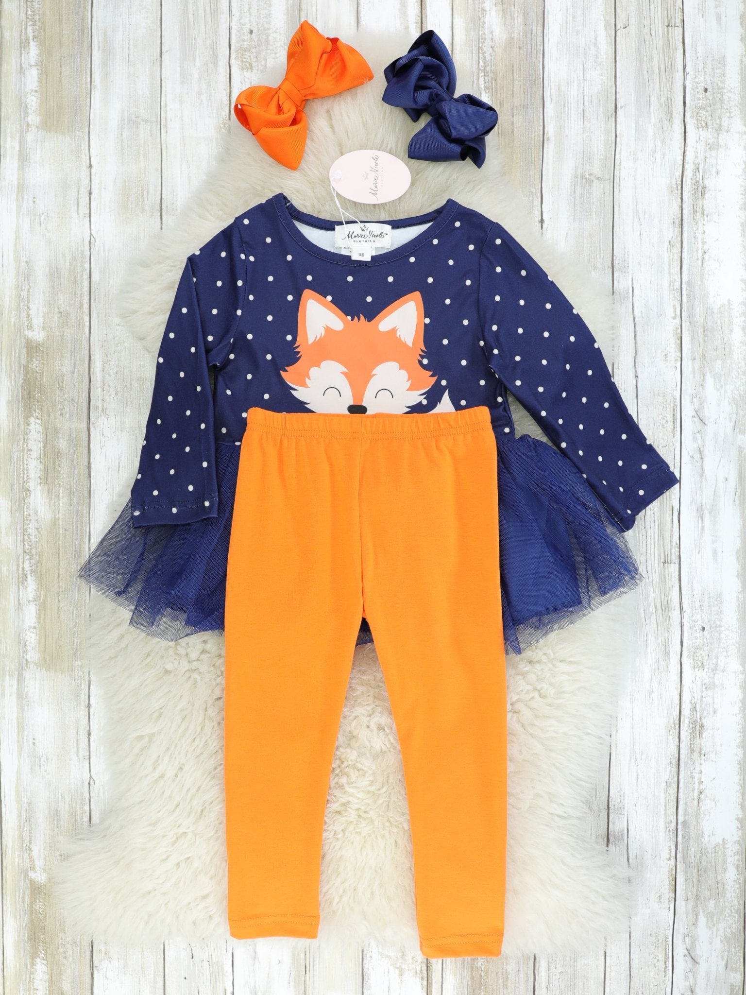 Navy Polka Dot Fox Tulle Top & Orange Bottoms Outfit - Marie Nicole Clothing