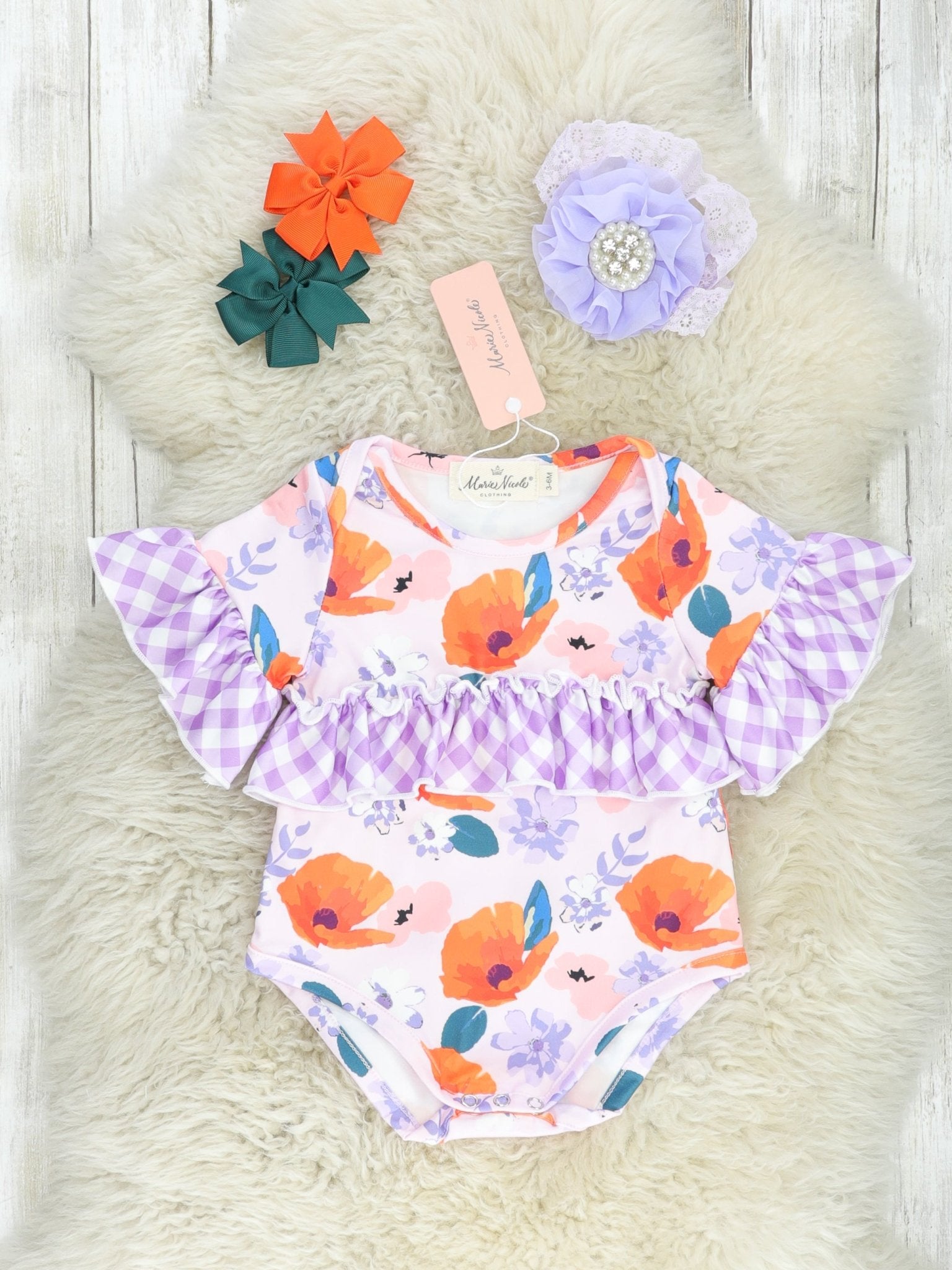 Purple Floral Gingham Ruffle Bubble Romper - Marie Nicole Clothing